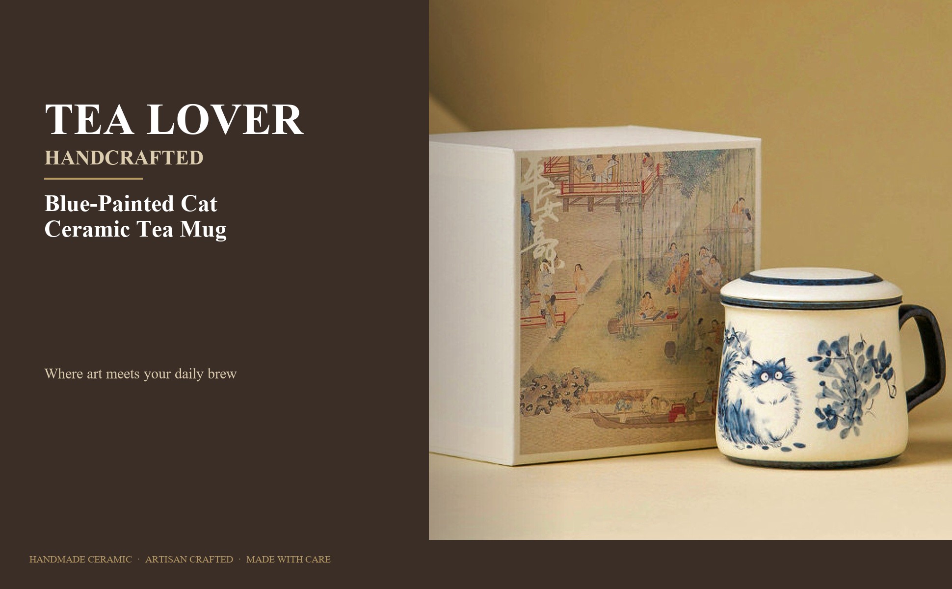Rock mineral white tea mug with hand-painted blue cat, lid and strainer