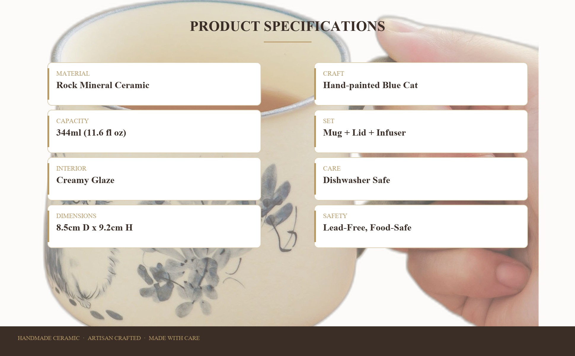 Tea mug specifications: 344 ml capacity, 9.2 cm height, 401 g weight