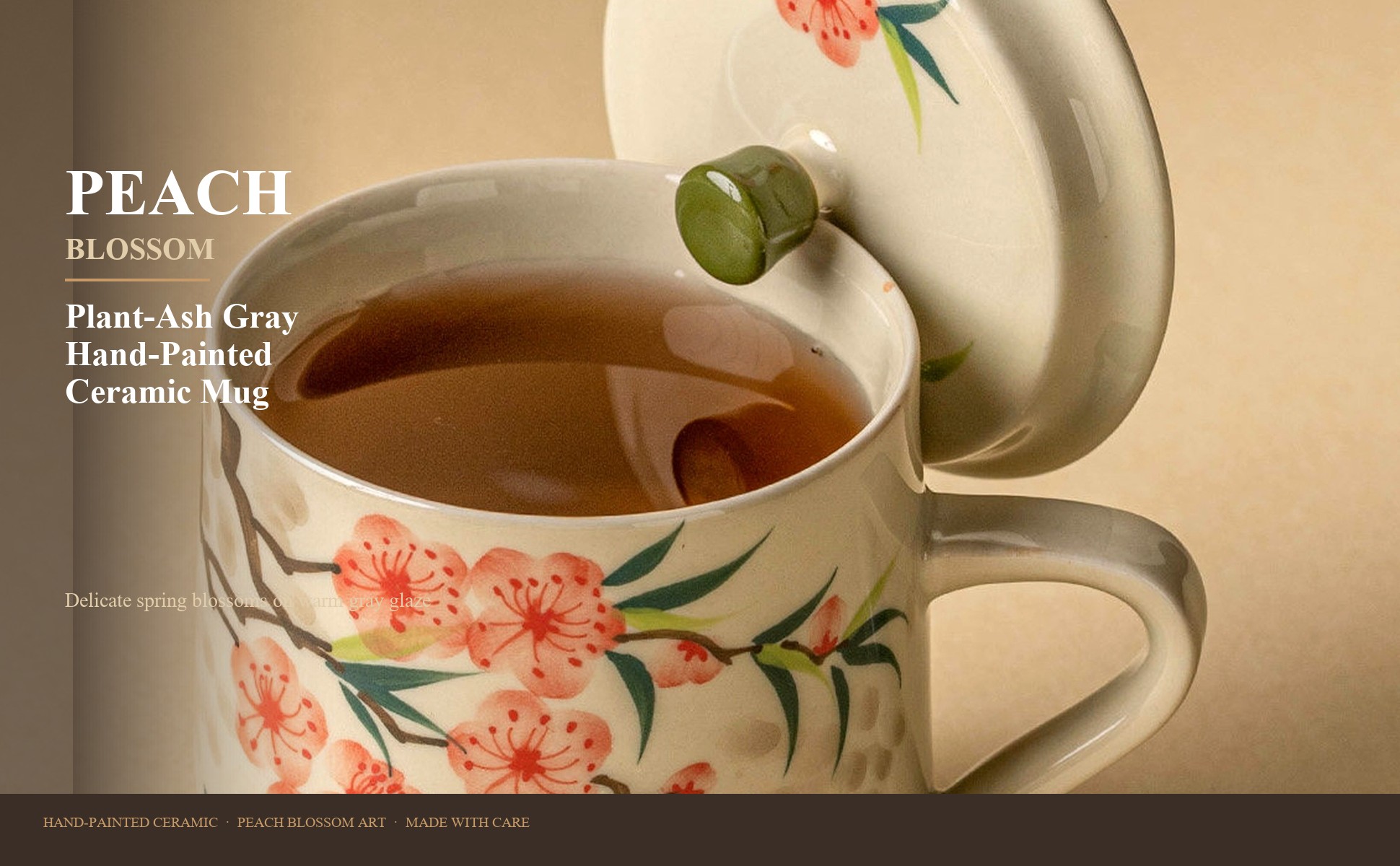 Plant-ash gray peach blossom ceramic tea mug with matching lid