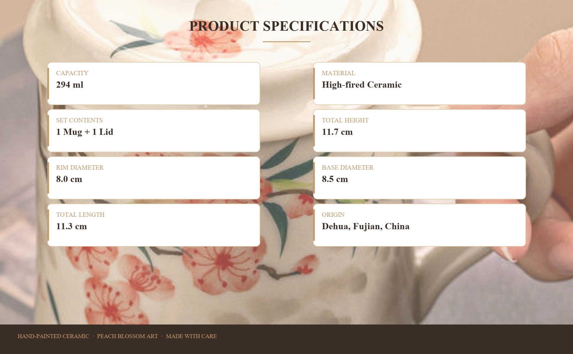 Tea mug specifications: 294 ml capacity, 11.7 cm height, 370 g weight