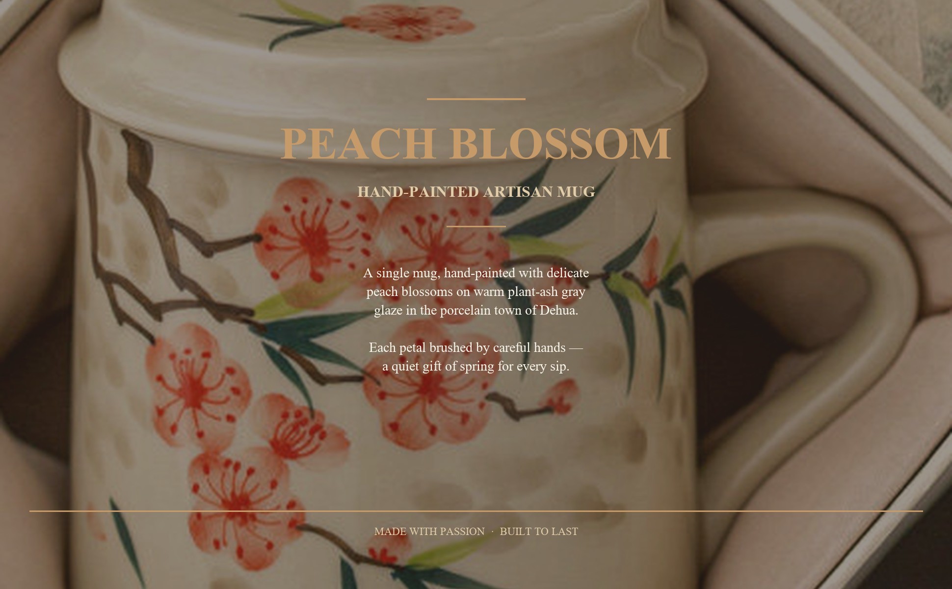 Peach blossoms hand-painted across the plant-ash gray glaze