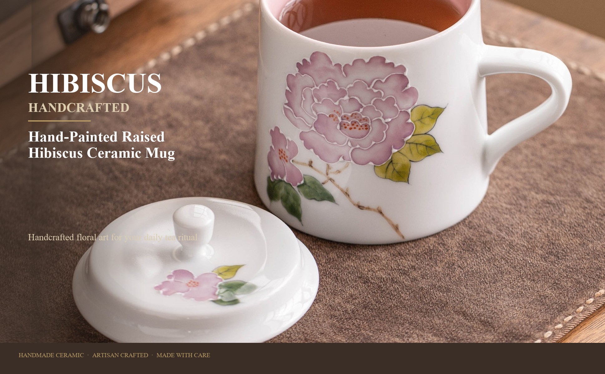 Hand-painted raised hibiscus ceramic tea mug set of 2 with lids and gift box