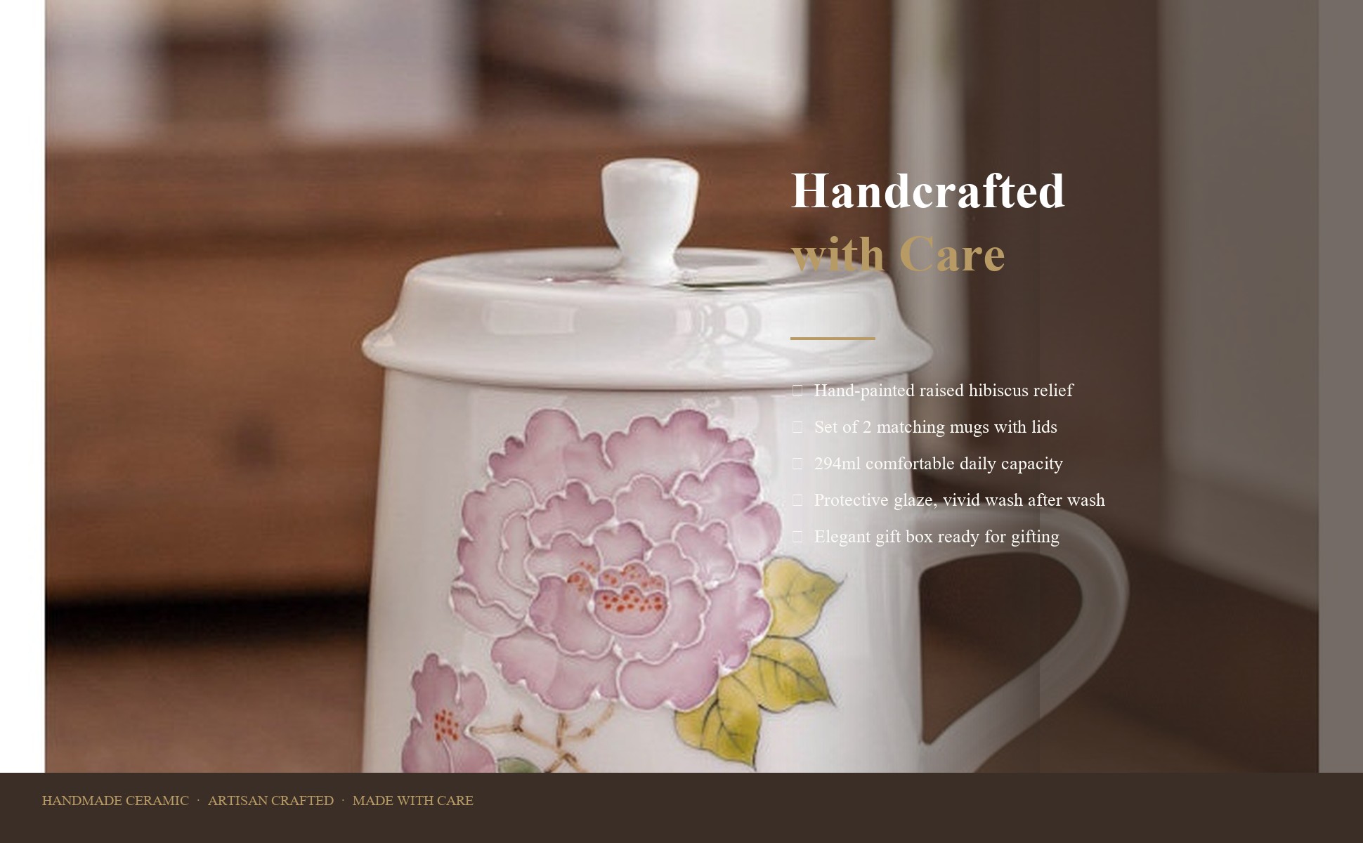 High-fired ceramic mugs with hand-painted relief sealed under glaze