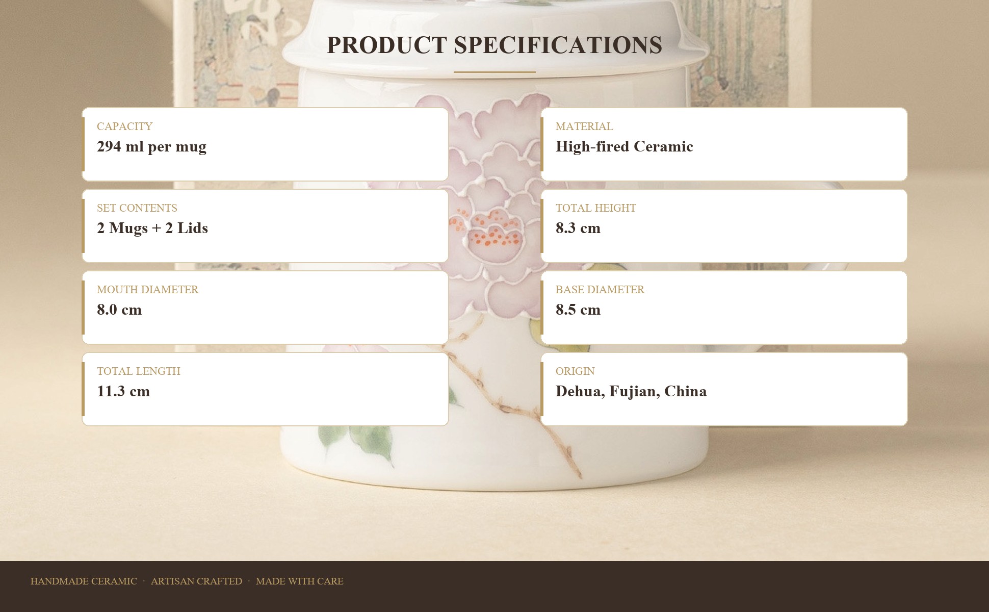Mug set specifications: 294 ml per mug, 297 g per mug, set of 2