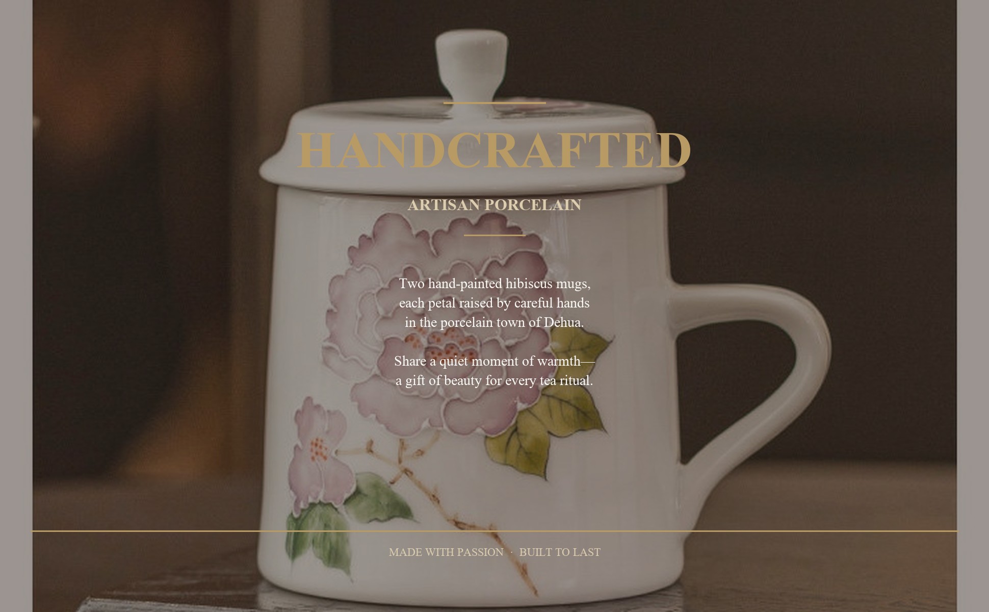 Raised relief hibiscus blossoms on the ceramic mug