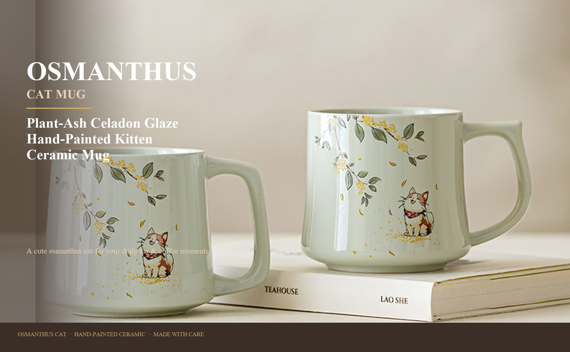 Plant-ash gray osmanthus cat ceramic mug for breakfast coffee and tea