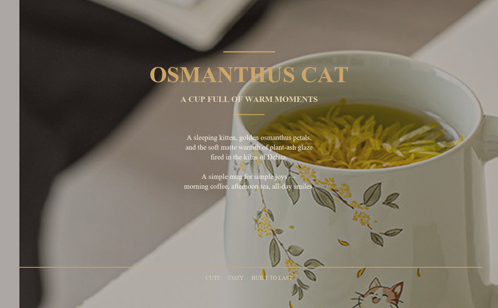 Hand-painted cat among osmanthus blossoms on the mug