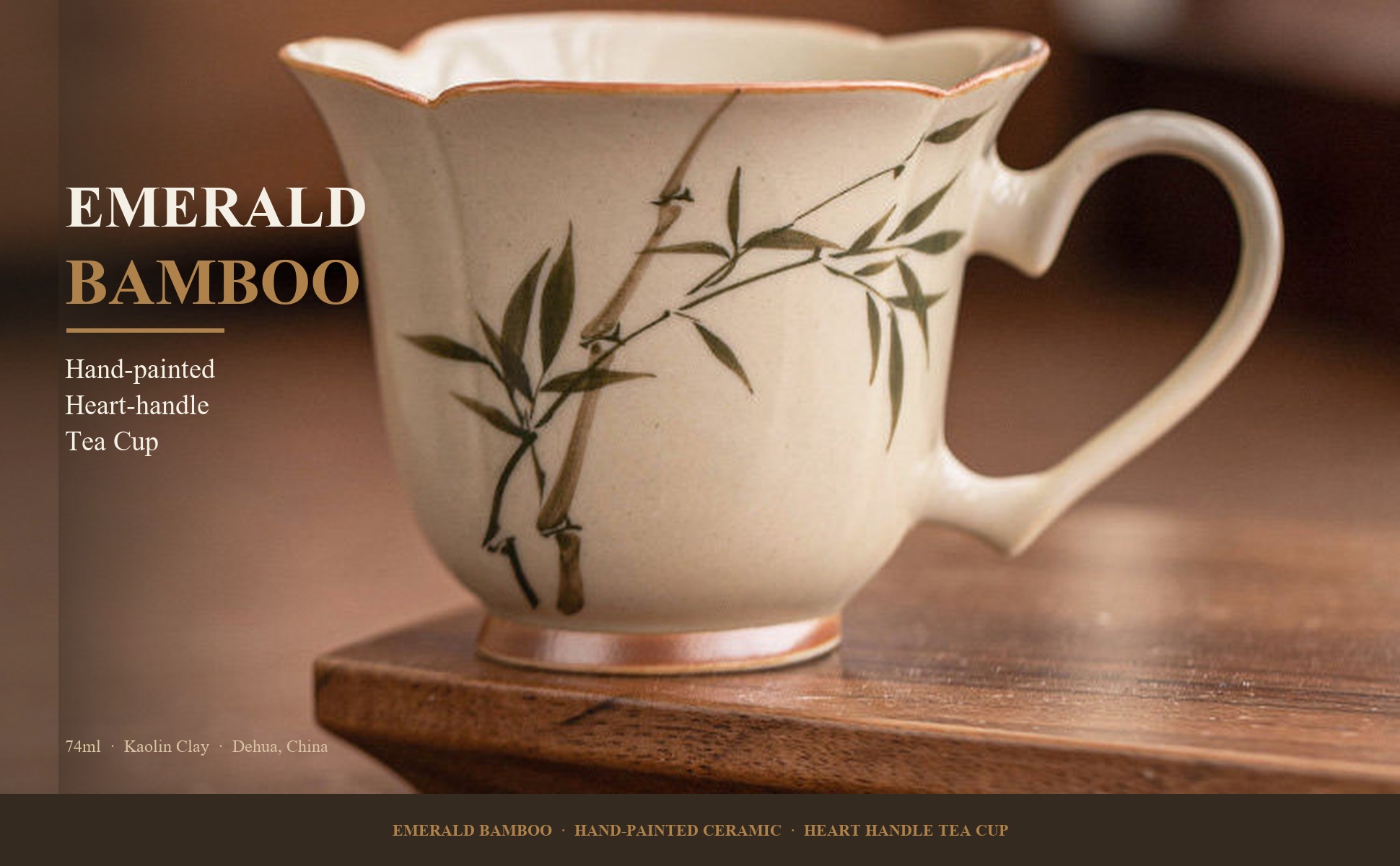 Hand-painted green bamboo ceramic tea cup with heart-shaped handle and gift box