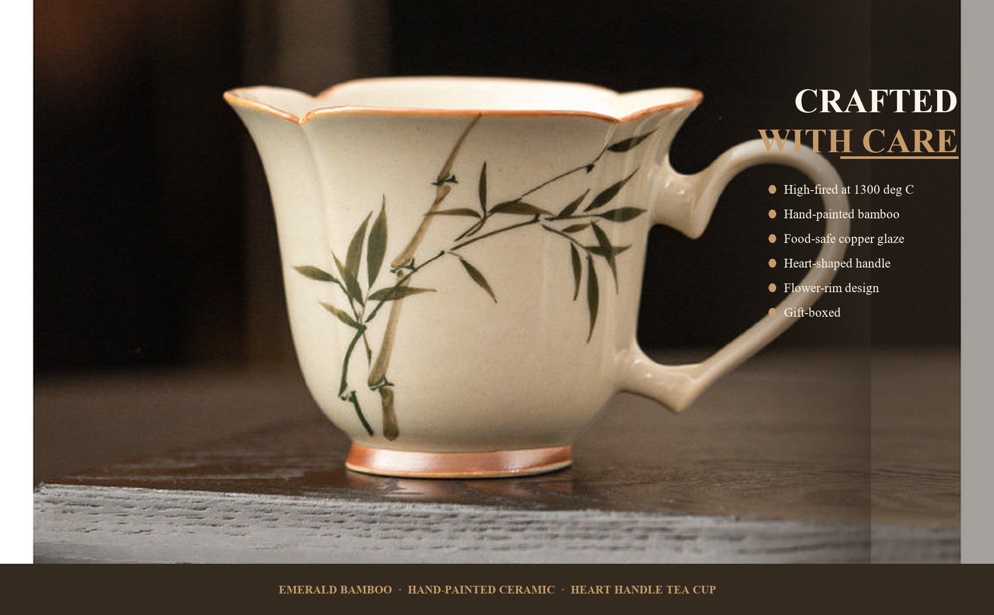 High-fired ceramic tea cup with hand-painted artwork sealed under glaze