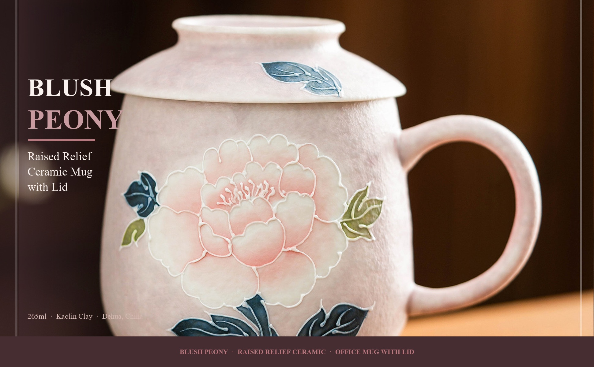 Underglaze hand-painted purple peony office tea mug with lid and gift box