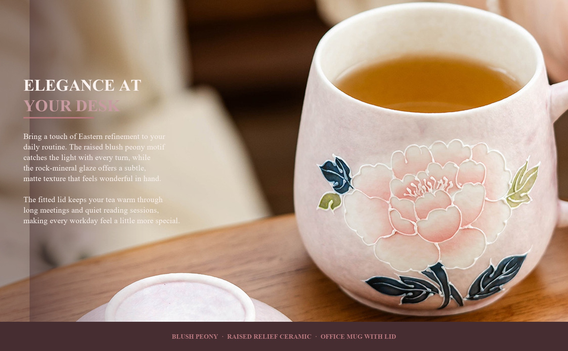 Peony office tea mug in use on a desk at the office