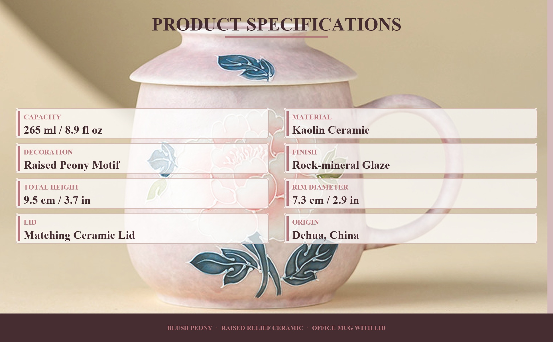 Mug specifications: 265 ml capacity, 9.5 cm height, 310 g weight