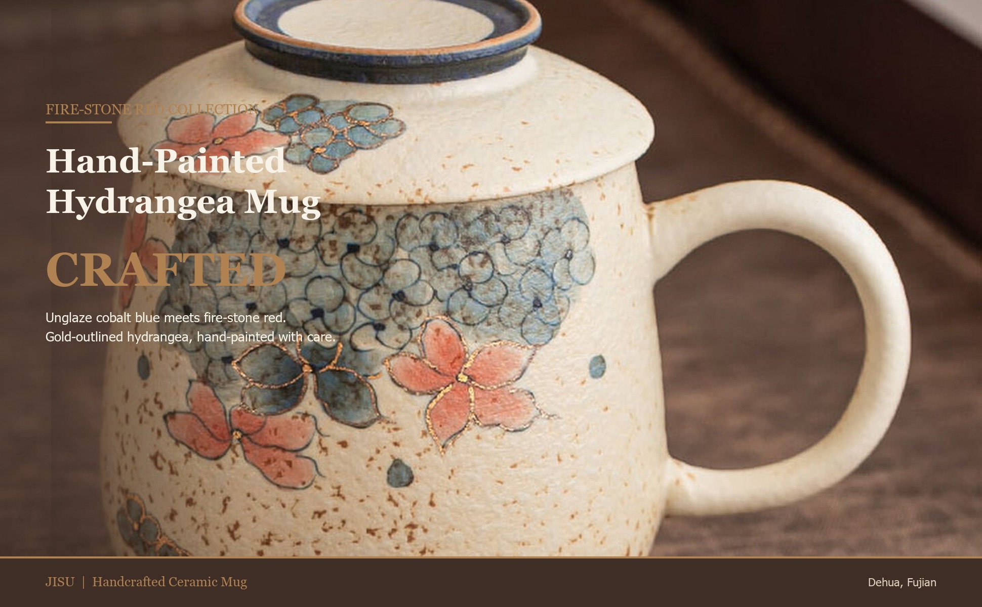 Main view of Blue & White Firestone Red Gold-Trimmed Hand-Painted Hydrangea Ceramic Tea Mug