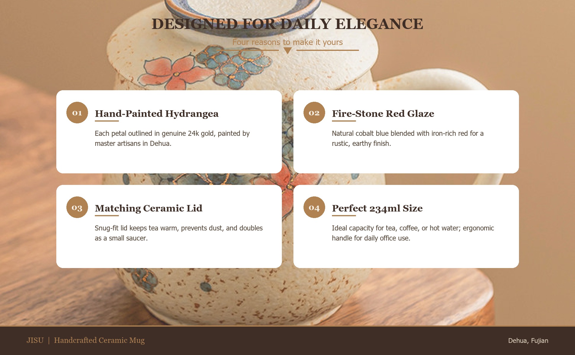 Feature highlights of Blue & White Firestone Red Gold-Trimmed Hand-Painted Hydrangea Ceramic Tea Mug