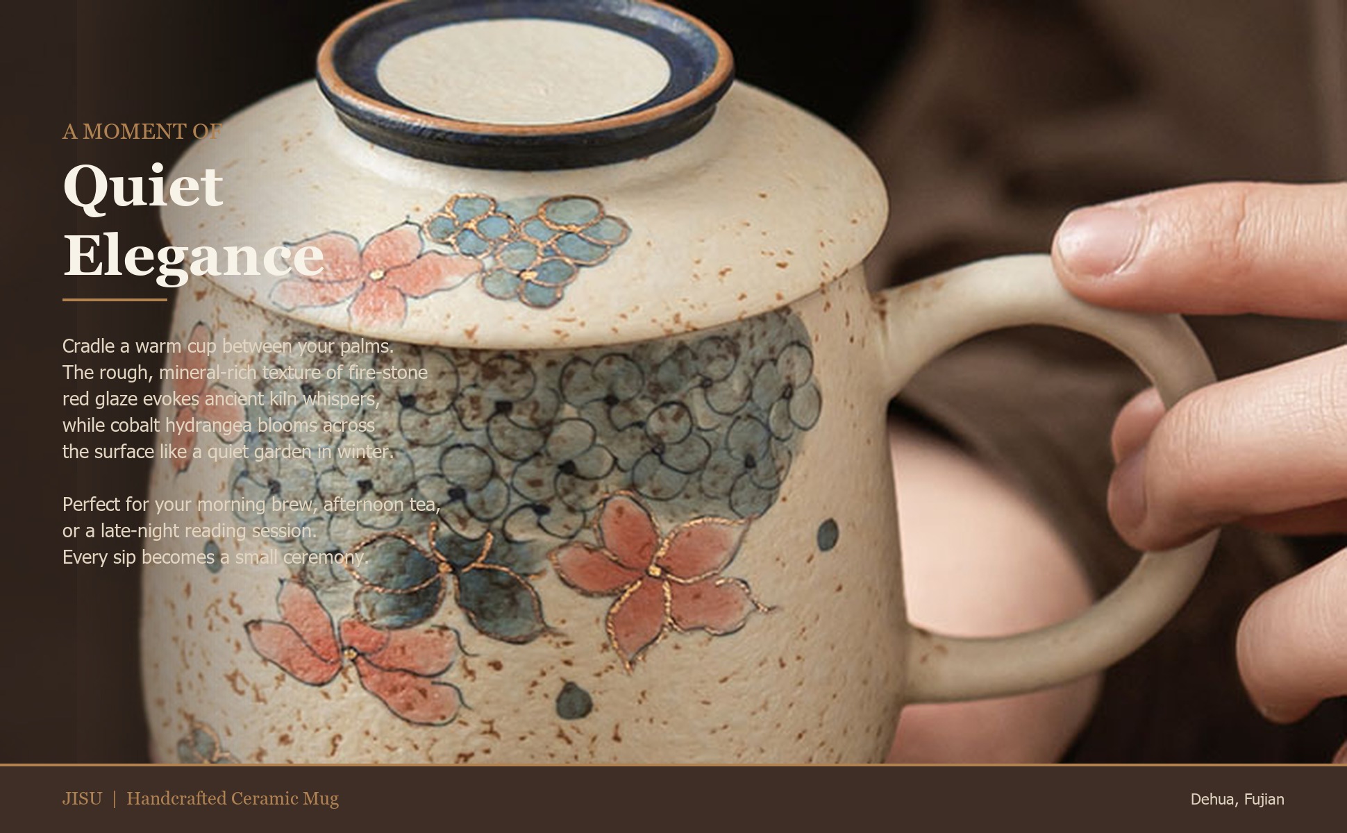 Blue & White Firestone Red Gold-Trimmed Hand-Painted Hydrangea Ceramic Tea Mug in use