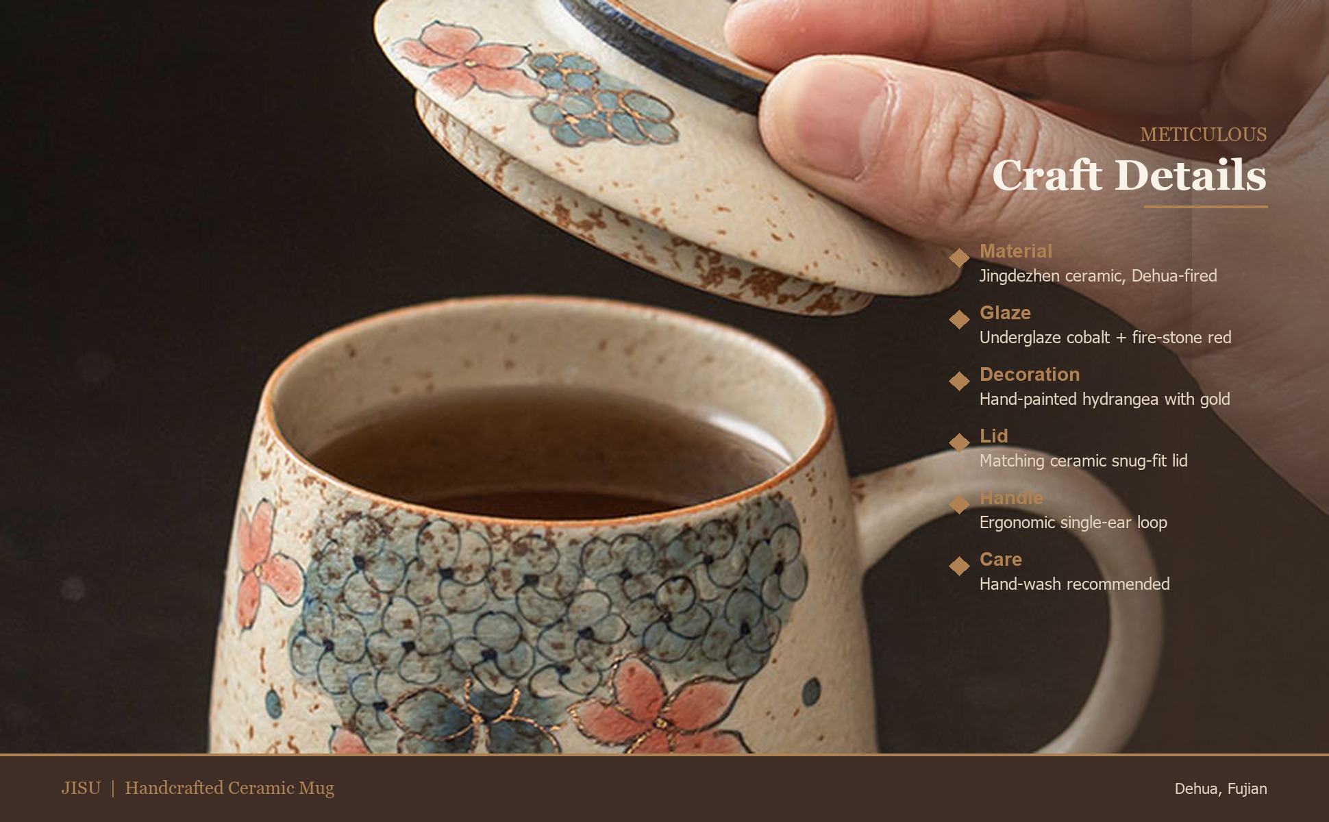 Craftsmanship detail of Blue & White Firestone Red Gold-Trimmed Hand-Painted Hydrangea Ceramic Tea Mug