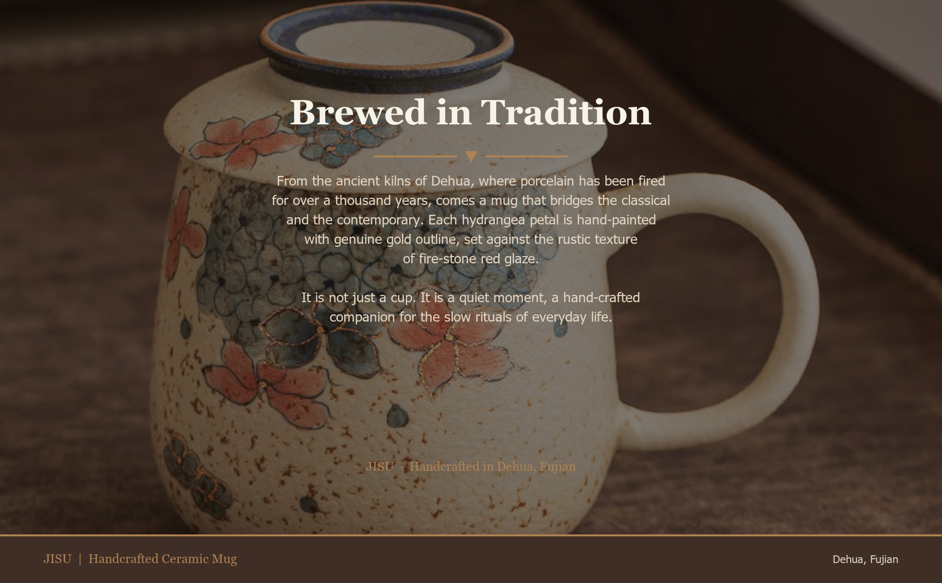 Story panel for Blue & White Firestone Red Gold-Trimmed Hand-Painted Hydrangea Ceramic Tea Mug