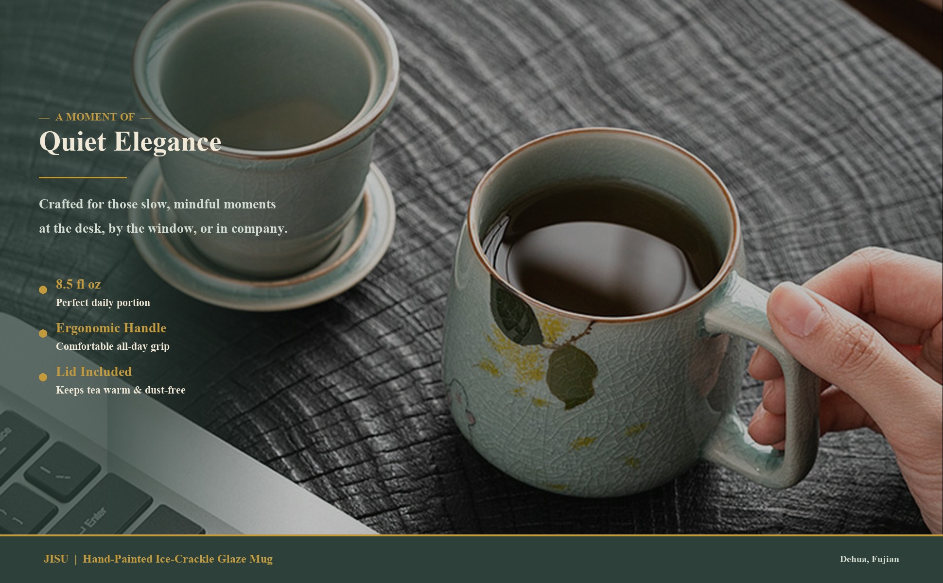 Ice-Crackle Hand-Painted Gold Osmanthus Rabbit Ceramic Office Mug with Filter in use