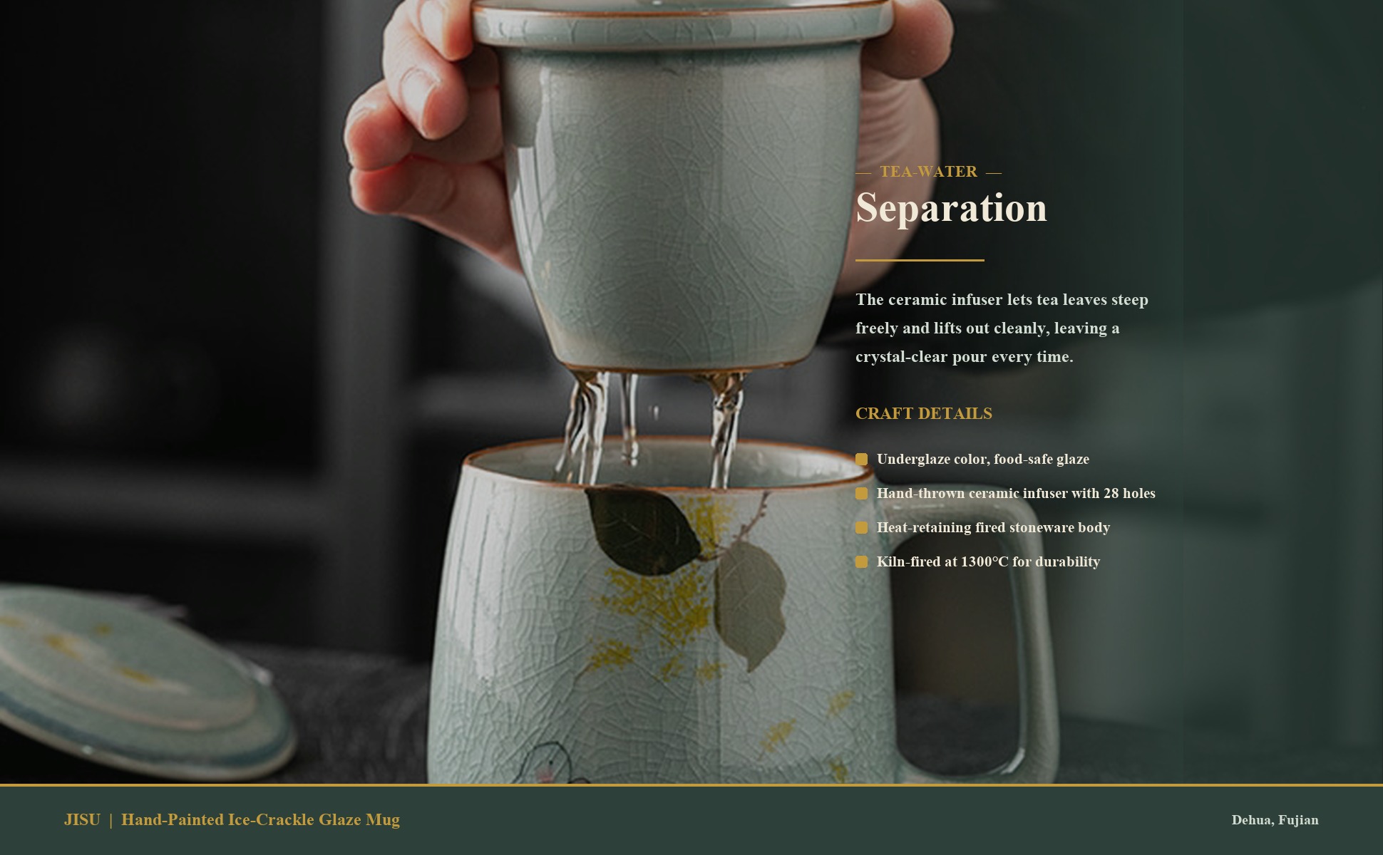 Craftsmanship detail of Ice-Crackle Hand-Painted Gold Osmanthus Rabbit Ceramic Office Mug with Filter