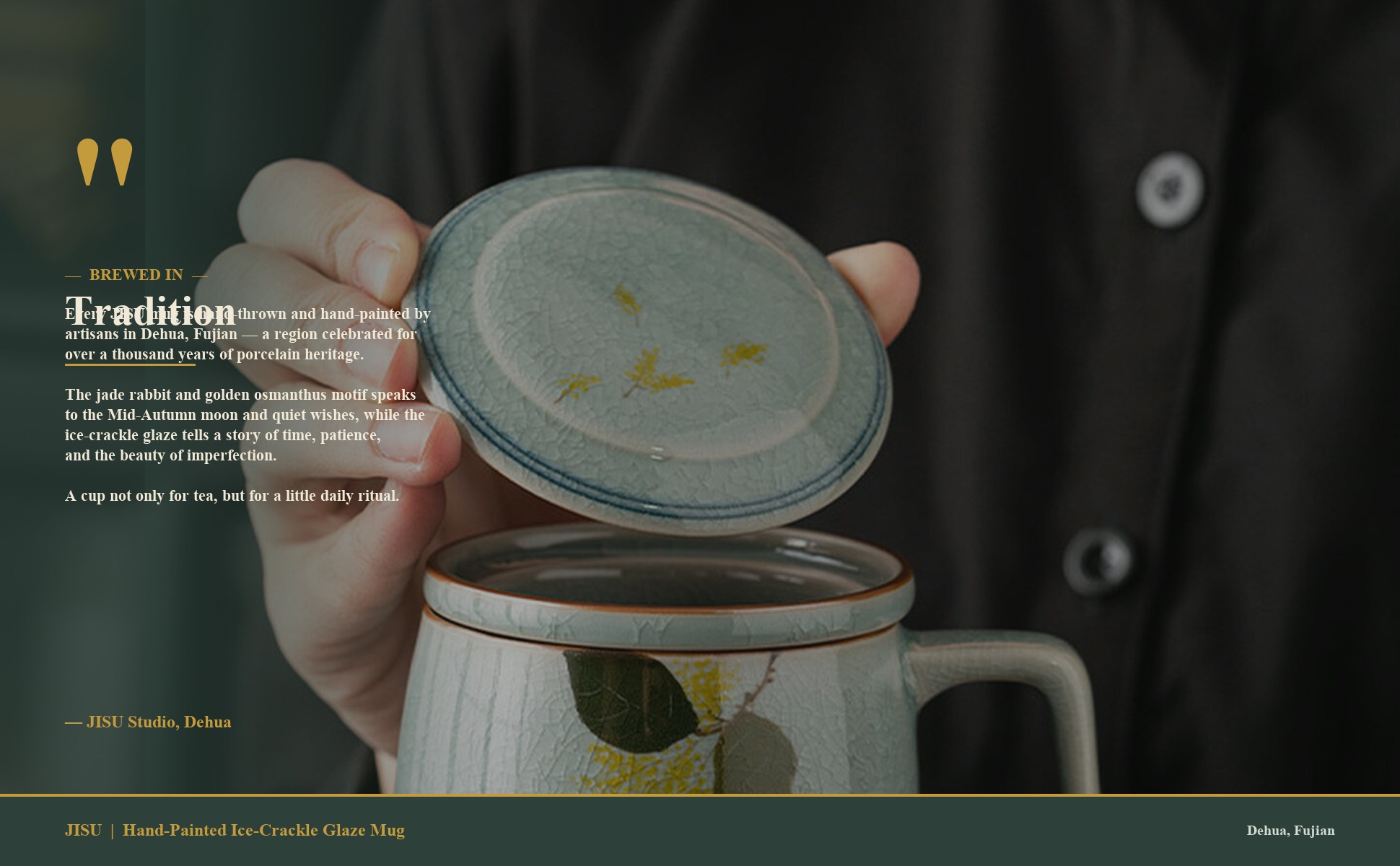 Story panel for Ice-Crackle Hand-Painted Gold Osmanthus Rabbit Ceramic Office Mug with Filter