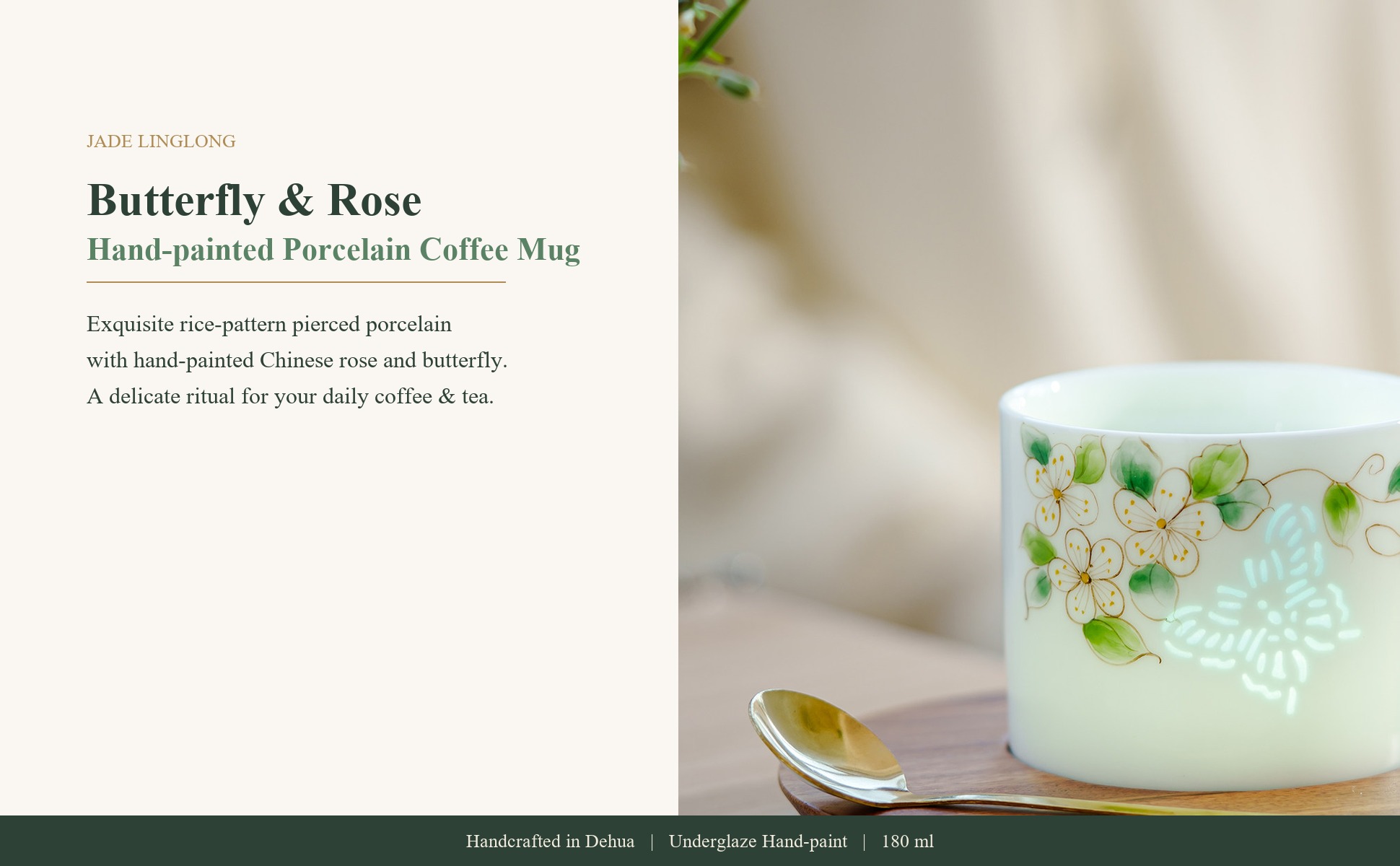 Main view of Jade-Crystal Butterfly & Rose Hand-Painted Ceramic Coffee Mug Set with Saucer