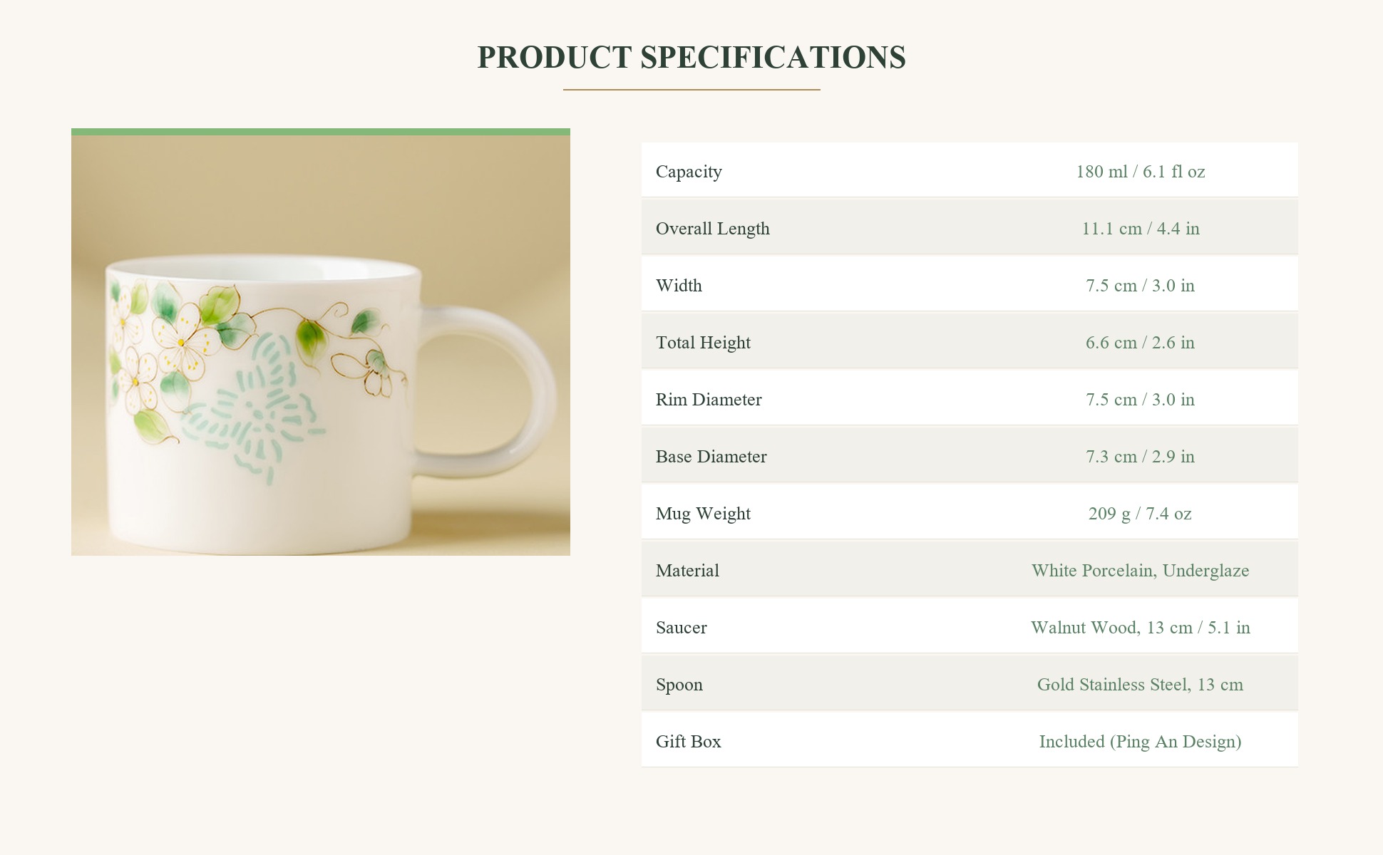 Specifications of Jade-Crystal Butterfly & Rose Hand-Painted Ceramic Coffee Mug Set with Saucer