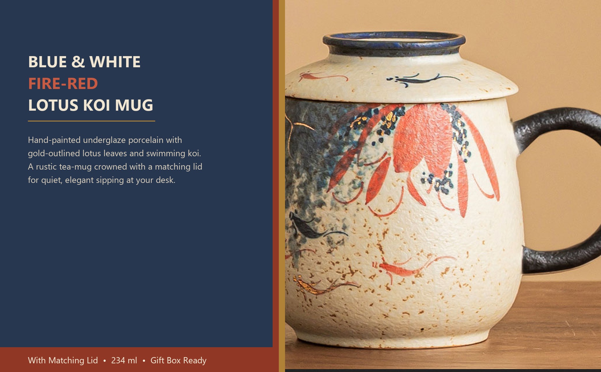 Main view of Blue & White Firestone Red Gold-Trimmed Hand-Painted Lotus & Koi Ceramic Tea