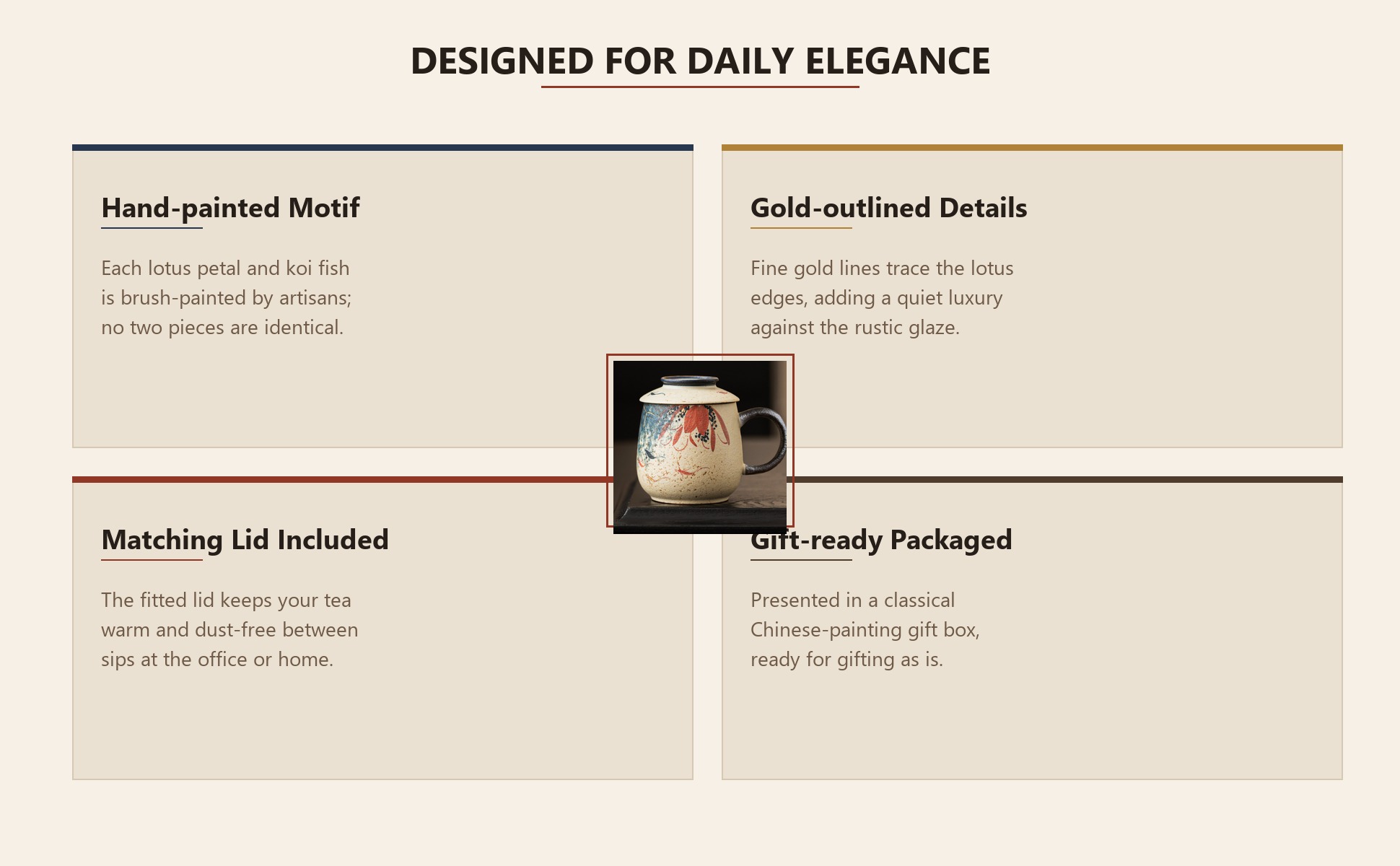Feature highlights of Blue & White Firestone Red Gold-Trimmed Hand-Painted Lotus & Koi Ceramic Tea