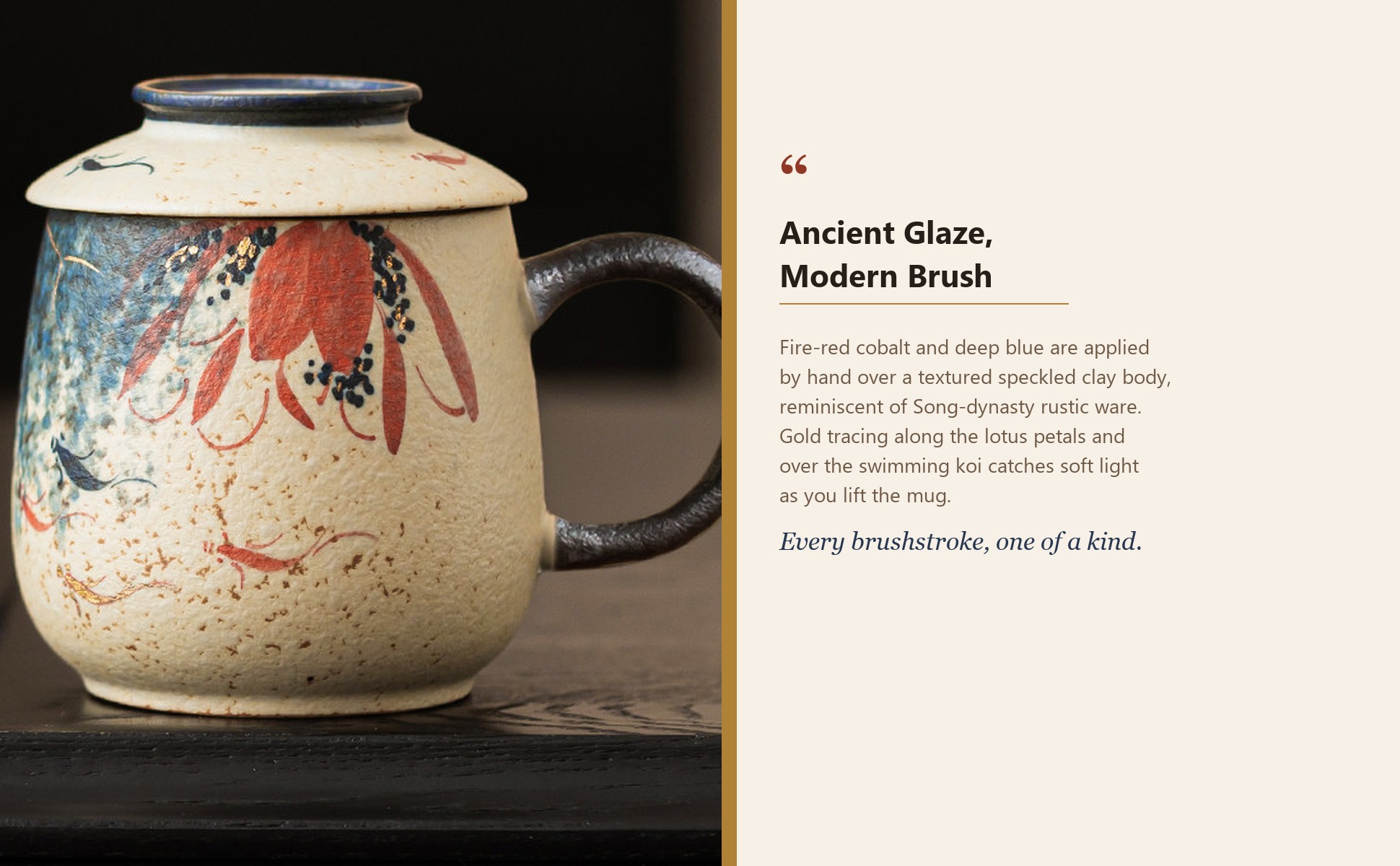 Craftsmanship detail of Blue & White Firestone Red Gold-Trimmed Hand-Painted Lotus & Koi Ceramic Tea