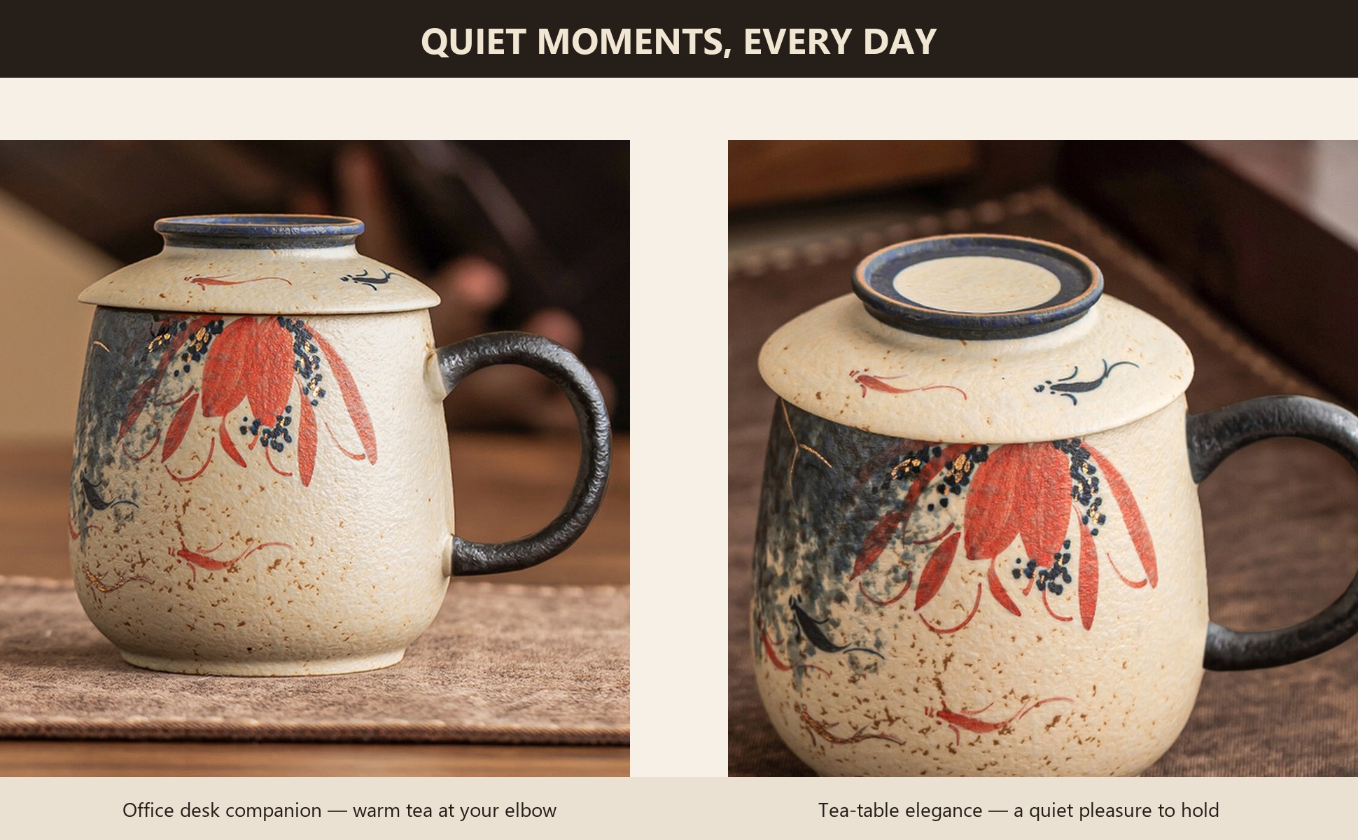 Blue & White Firestone Red Gold-Trimmed Hand-Painted Lotus & Koi Ceramic Tea in use