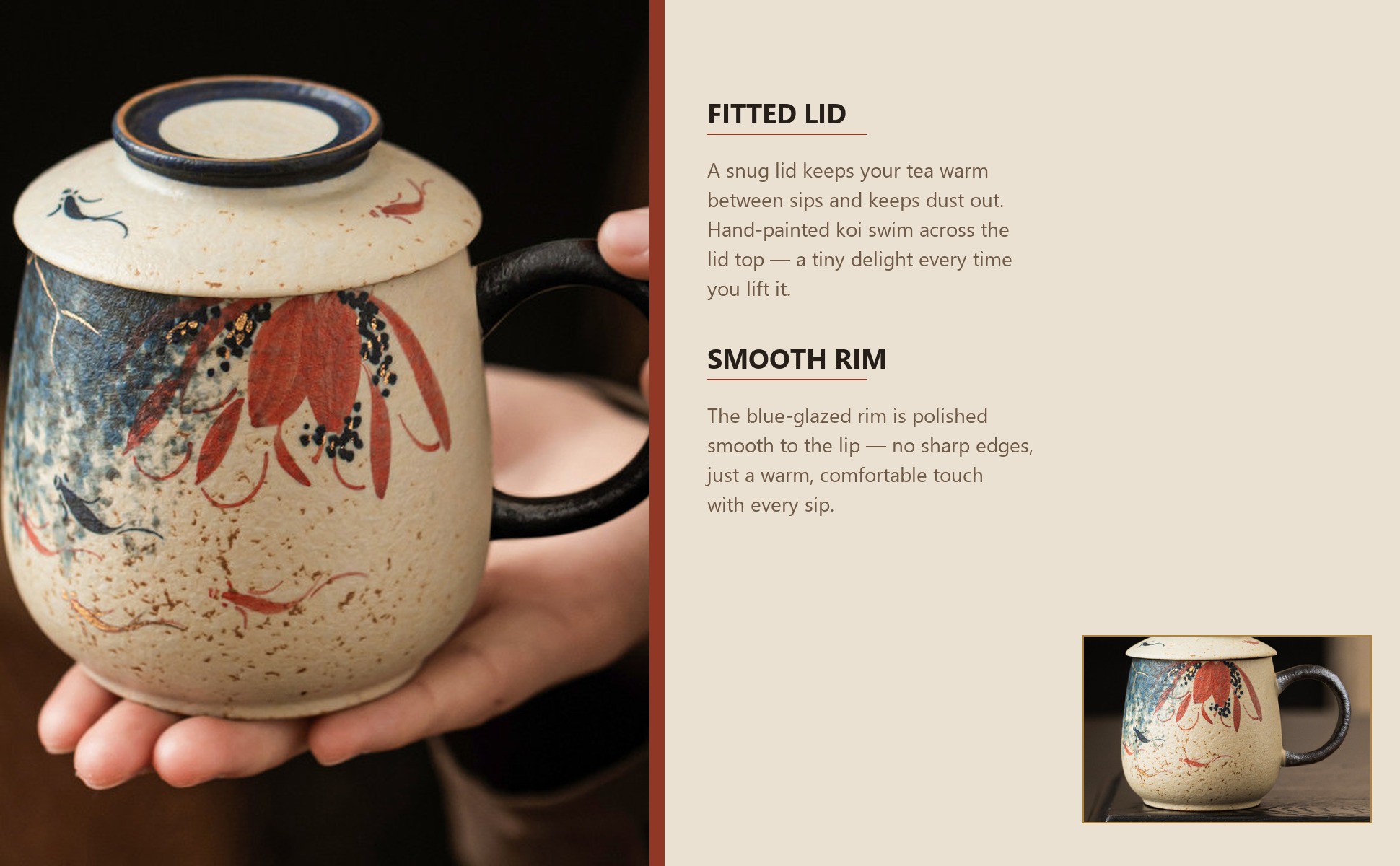 Detail close-up of Blue & White Firestone Red Gold-Trimmed Hand-Painted Lotus & Koi Ceramic Tea
