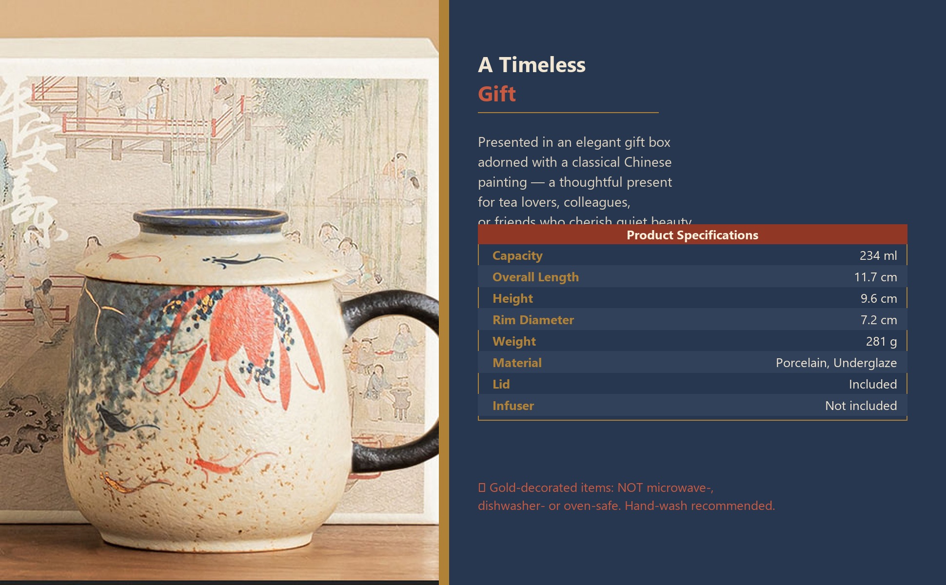 Gift packaging of Blue & White Firestone Red Gold-Trimmed Hand-Painted Lotus & Koi Ceramic Tea