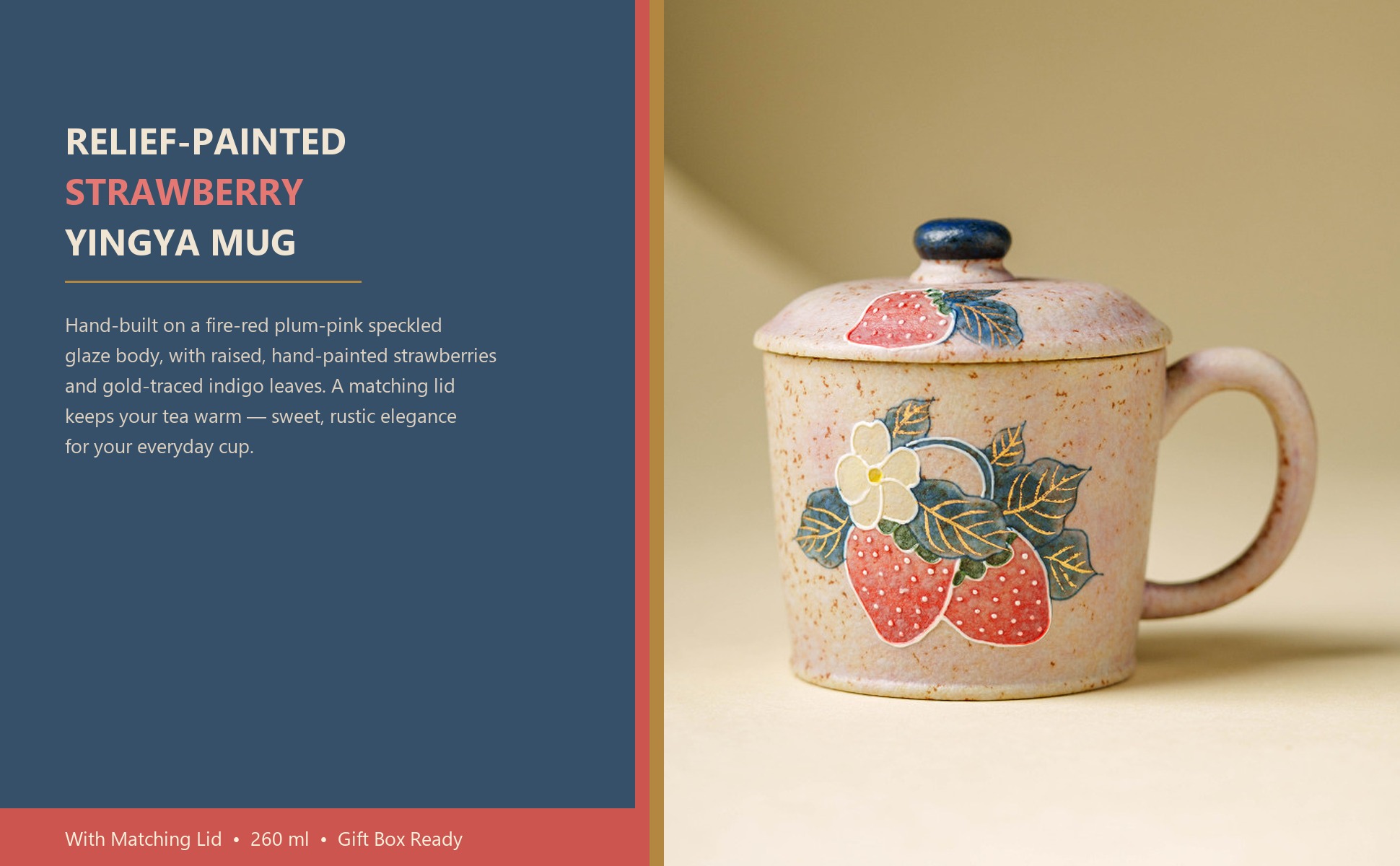 Main view of Firestone-Red Plum Pink Hand-Molded Gold-Trimmed Strawberry Ceramic Coffee Mug