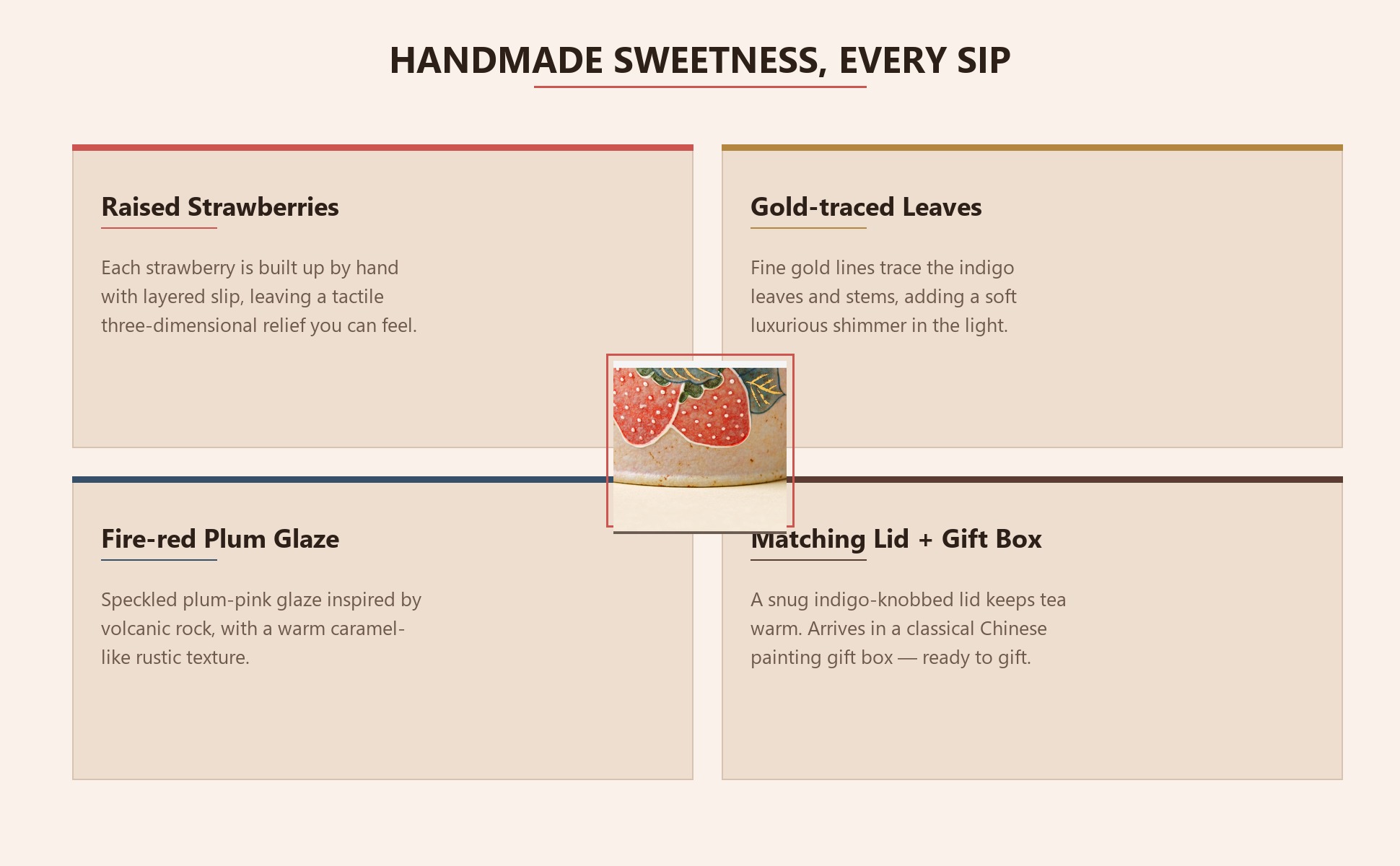 Feature highlights of Firestone-Red Plum Pink Hand-Molded Gold-Trimmed Strawberry Ceramic Coffee Mug