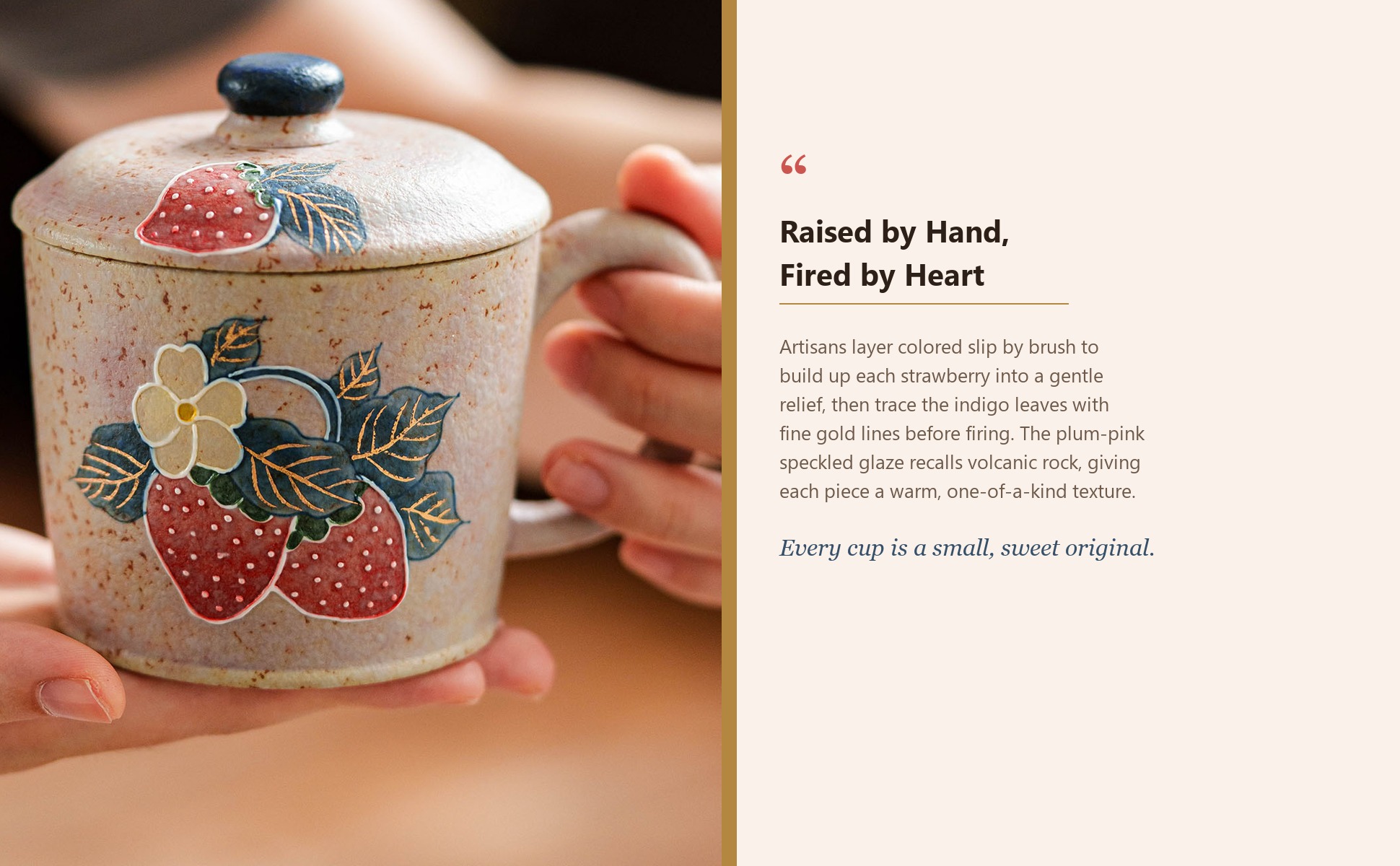Craftsmanship detail of Firestone-Red Plum Pink Hand-Molded Gold-Trimmed Strawberry Ceramic Coffee Mug