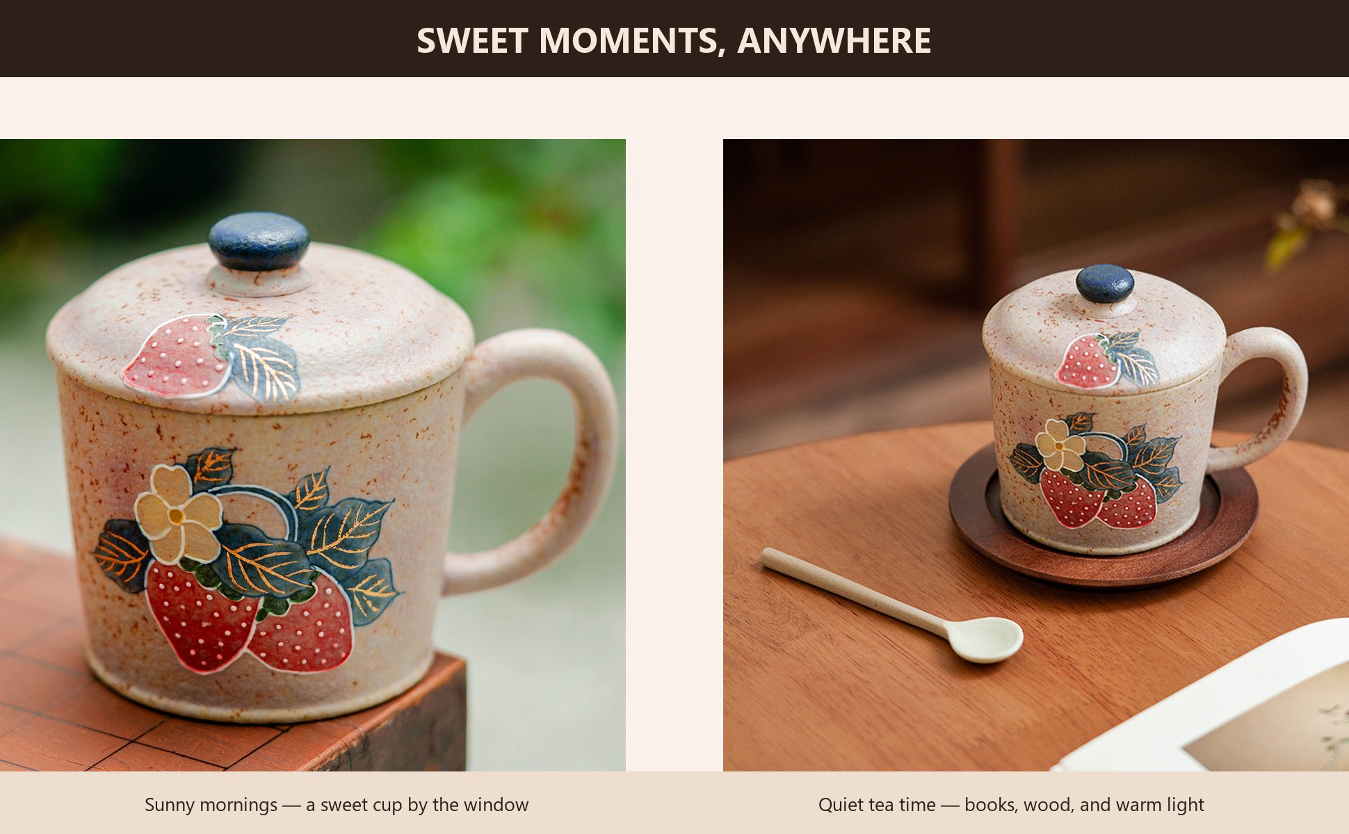 Firestone-Red Plum Pink Hand-Molded Gold-Trimmed Strawberry Ceramic Coffee Mug in use