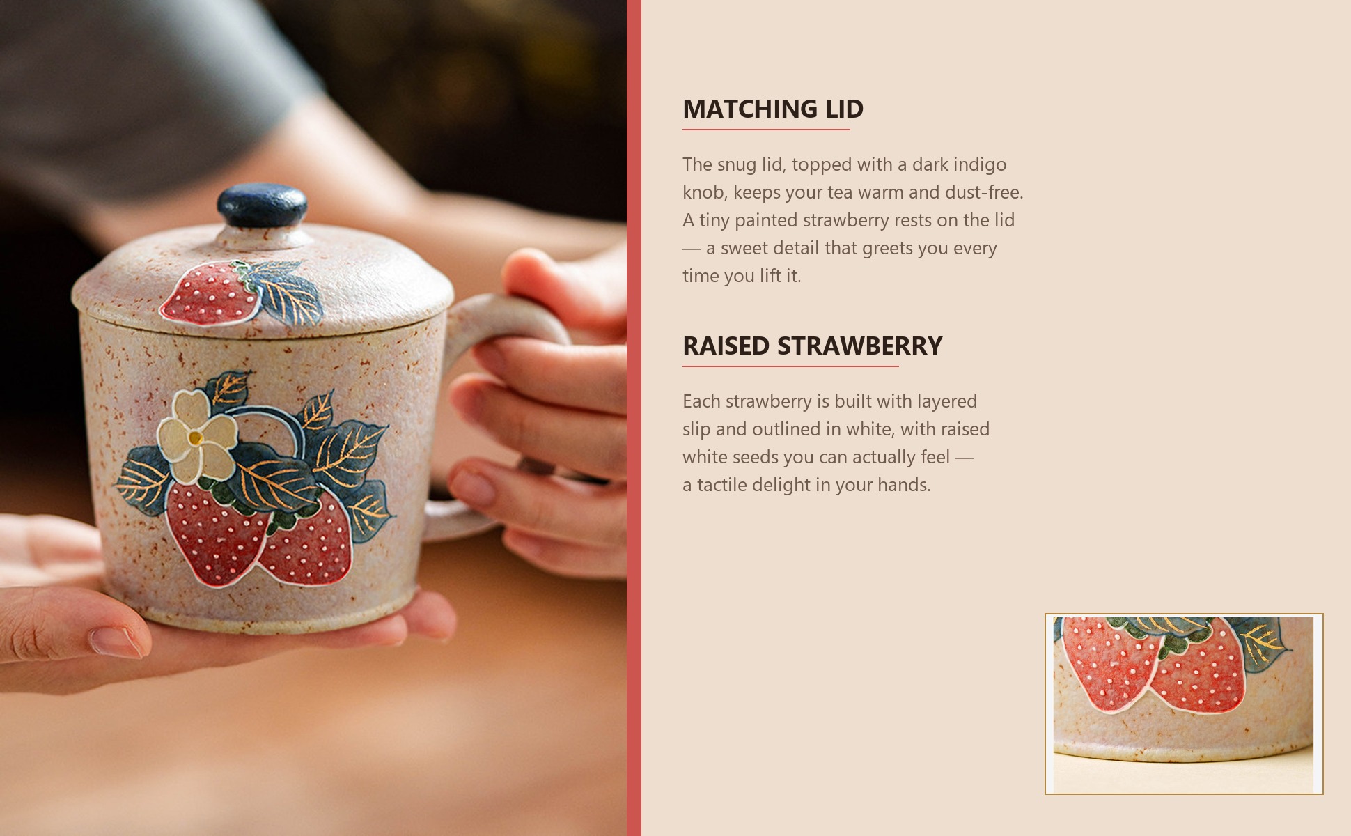 Detail close-up of Firestone-Red Plum Pink Hand-Molded Gold-Trimmed Strawberry Ceramic Coffee Mug