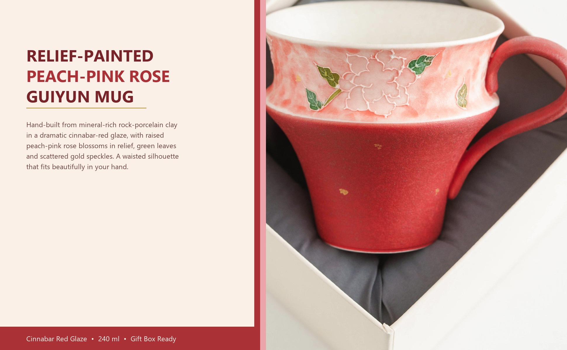 Main view of Mineral-White Gold-Flecked Peach Pink Hand-Molded Rose Ceramic Tea & Coffee Mug