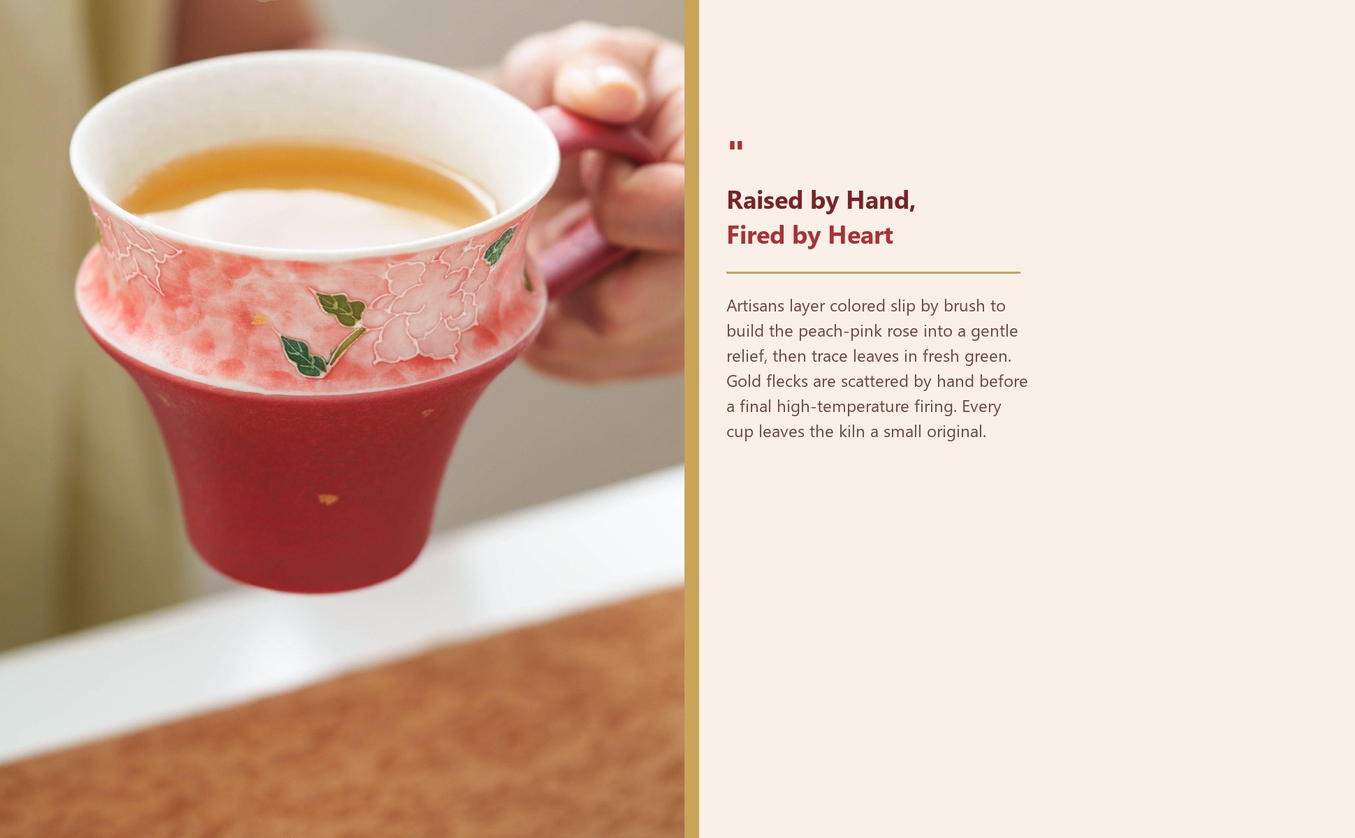 Craftsmanship detail of Mineral-White Gold-Flecked Peach Pink Hand-Molded Rose Ceramic Tea & Coffee Mug