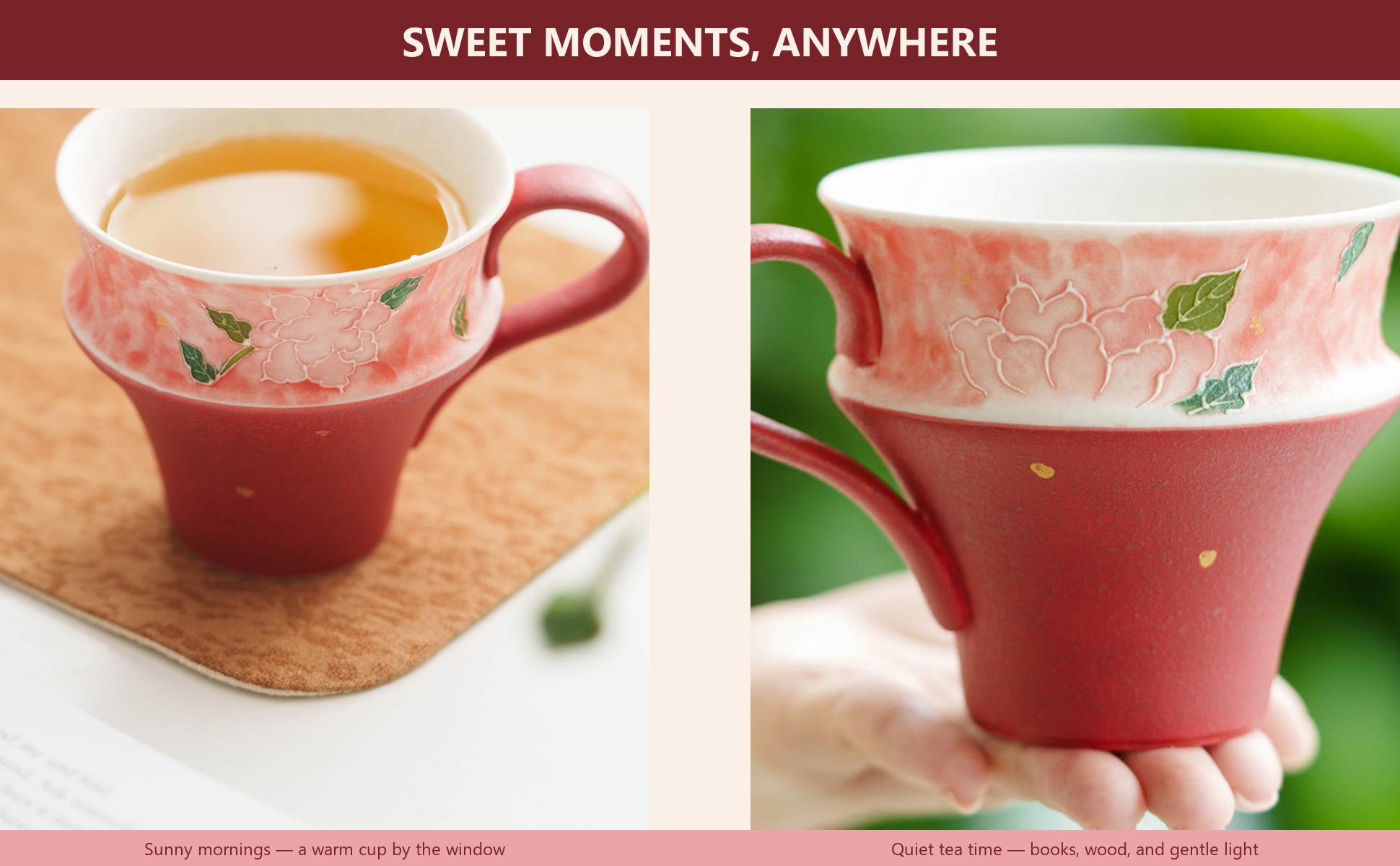 Mineral-White Gold-Flecked Peach Pink Hand-Molded Rose Ceramic Tea & Coffee Mug in use
