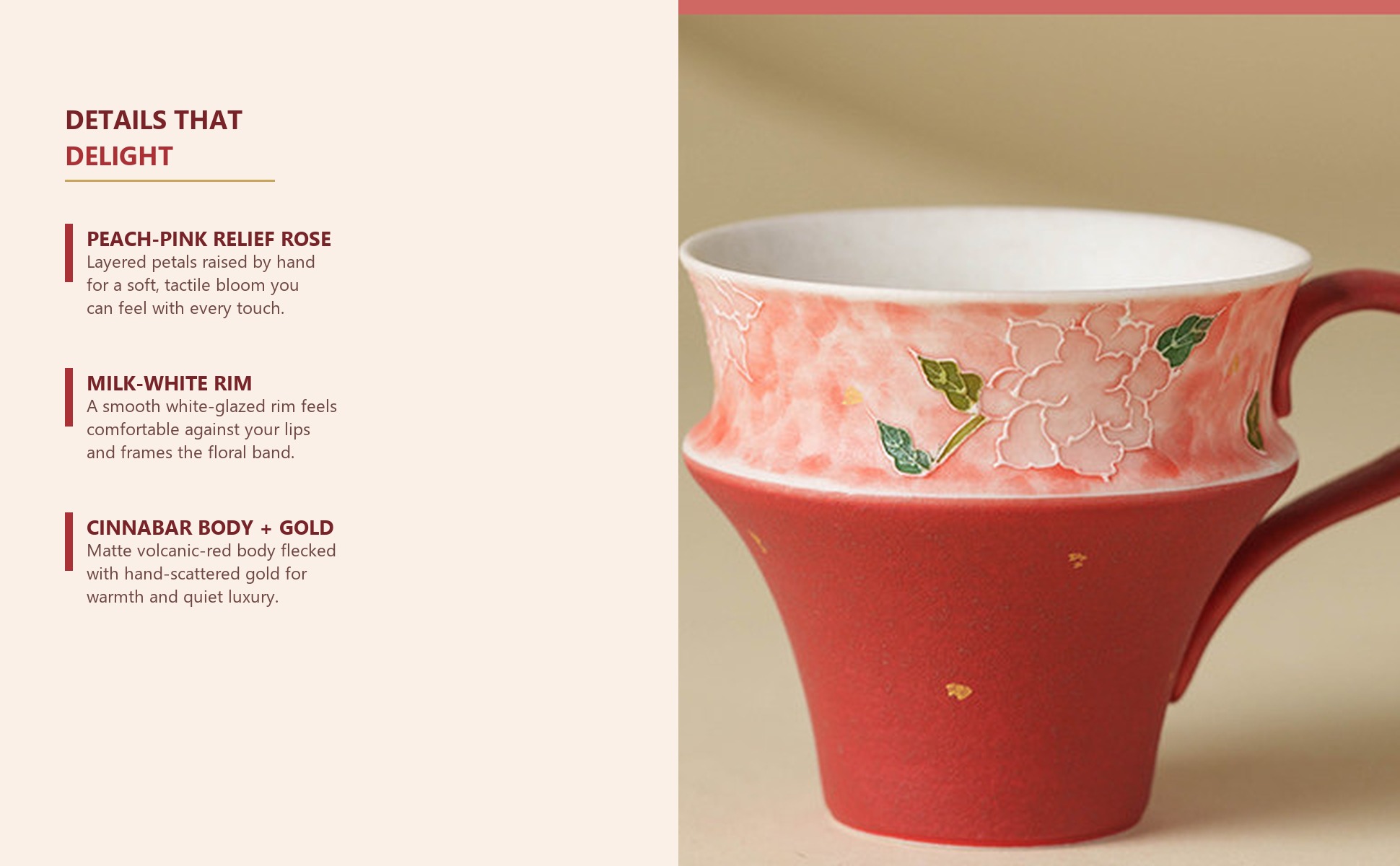 Detail close-up of Mineral-White Gold-Flecked Peach Pink Hand-Molded Rose Ceramic Tea & Coffee Mug