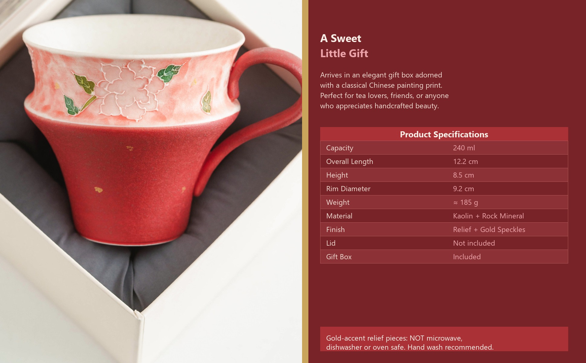 Gift packaging of Mineral-White Gold-Flecked Peach Pink Hand-Molded Rose Ceramic Tea & Coffee Mug