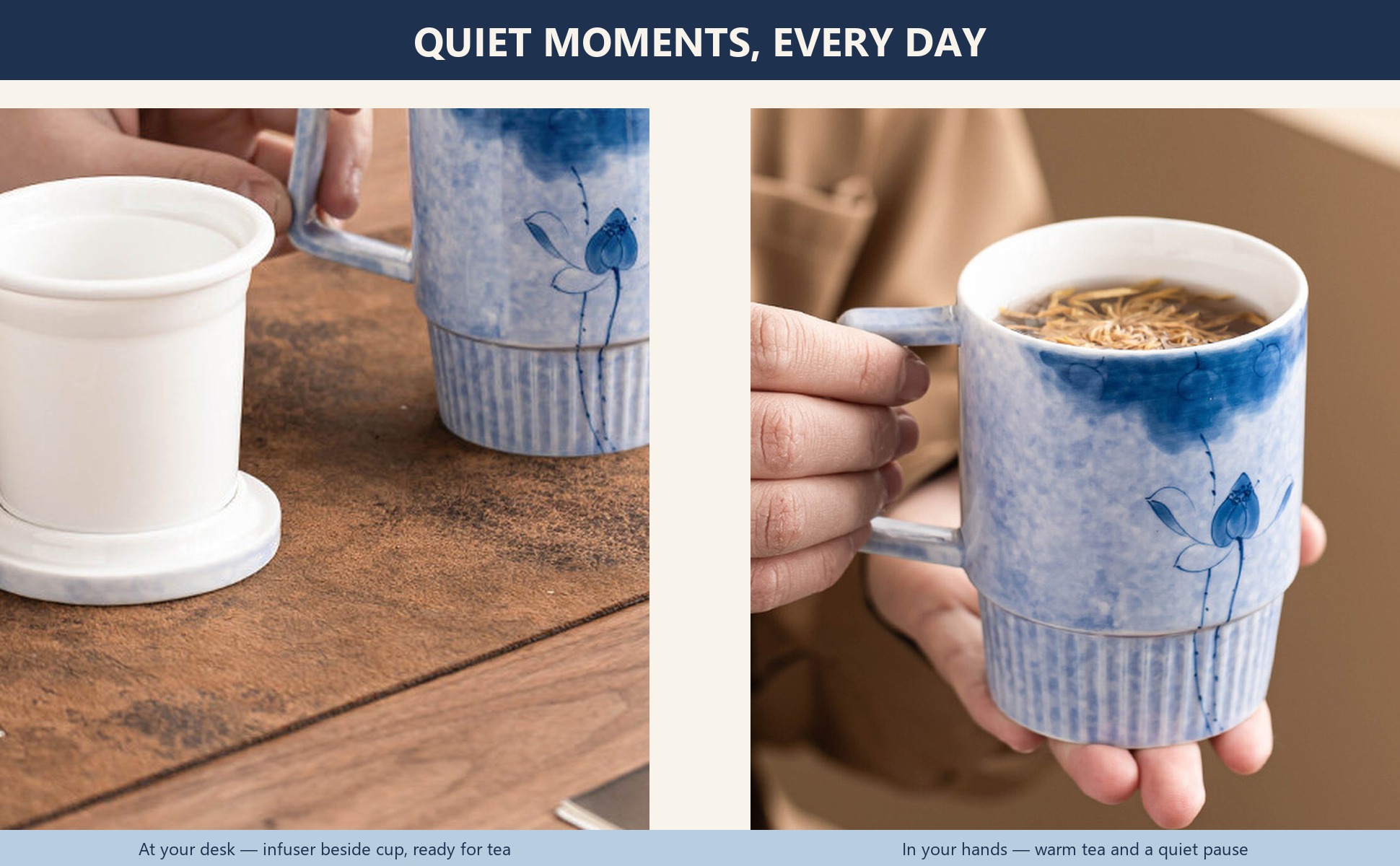 Hand-Painted Ink-Dye Blue Lotus Vertical-Ribbed Ceramic Tea Mug with Filter Lid in use