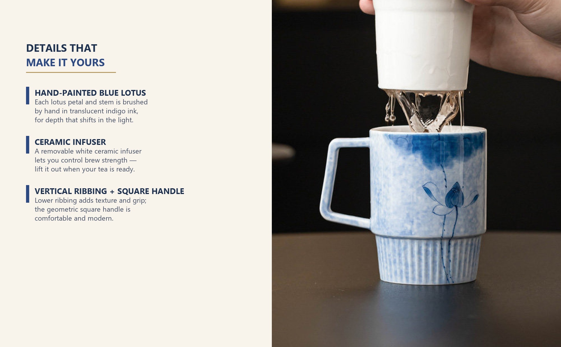 Detail close-up of Hand-Painted Ink-Dye Blue Lotus Vertical-Ribbed Ceramic Tea Mug with Filter Lid