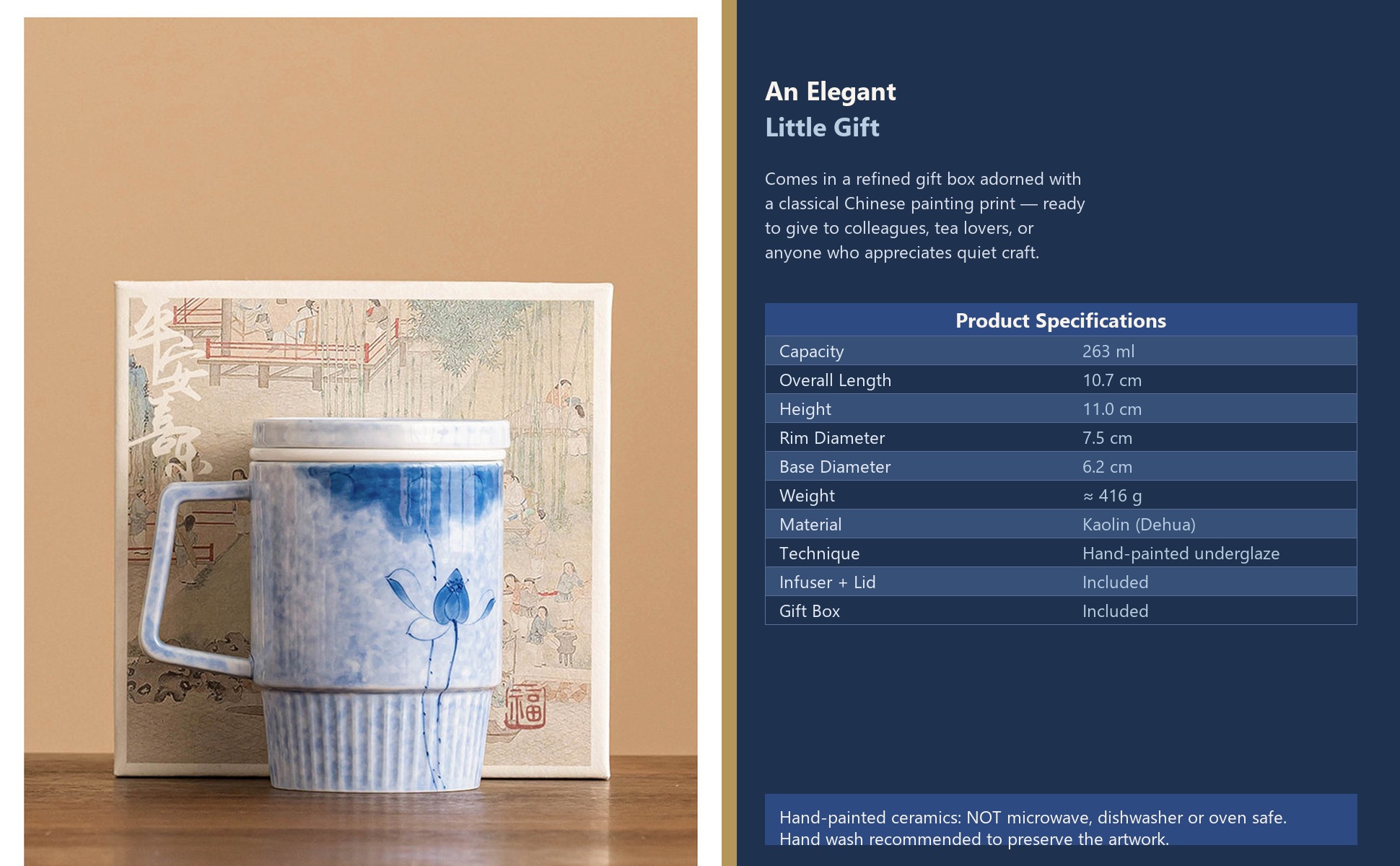 Gift packaging of Hand-Painted Ink-Dye Blue Lotus Vertical-Ribbed Ceramic Tea Mug with Filter Lid