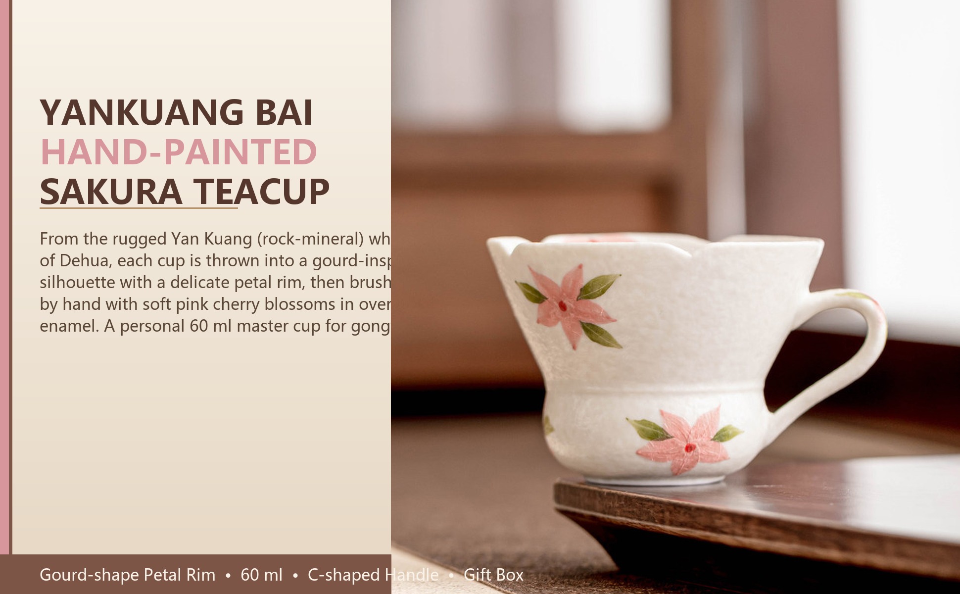 Main view of Mineral-White Hand-Painted Cherry Blossom Gourd-Mouth Handle Cup 60ml Ceramic