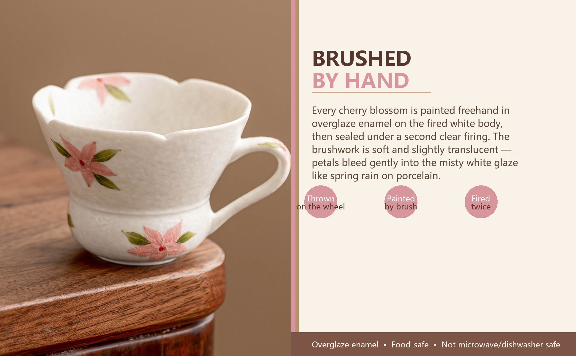 Craftsmanship detail of Mineral-White Hand-Painted Cherry Blossom Gourd-Mouth Handle Cup 60ml Ceramic