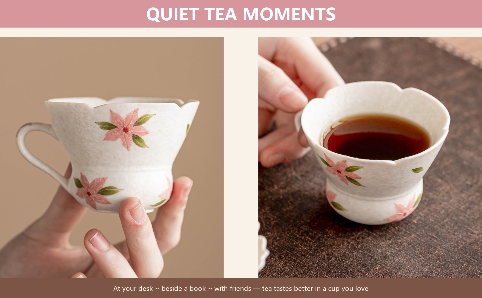 Mineral-White Hand-Painted Cherry Blossom Gourd-Mouth Handle Cup 60ml Ceramic in use
