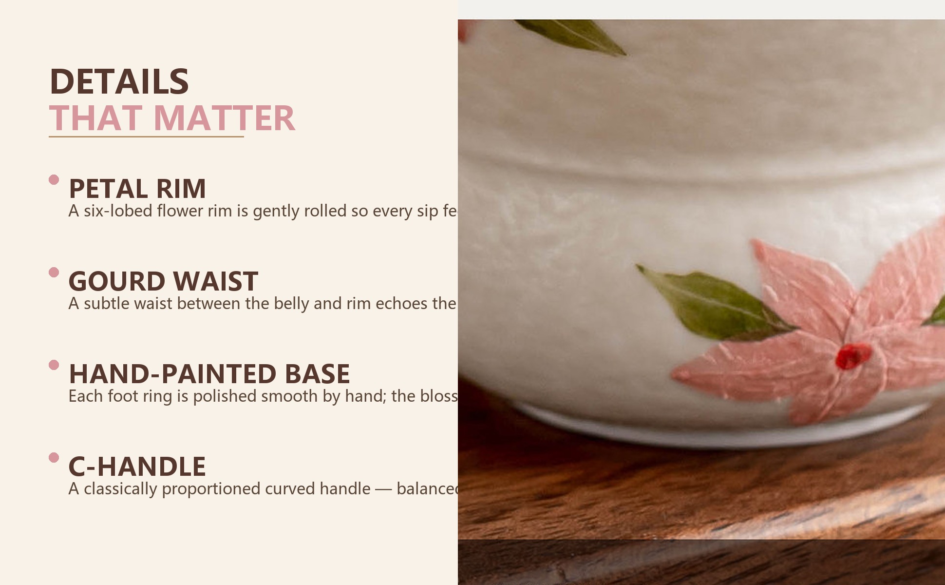 Detail close-up of Mineral-White Hand-Painted Cherry Blossom Gourd-Mouth Handle Cup 60ml Ceramic