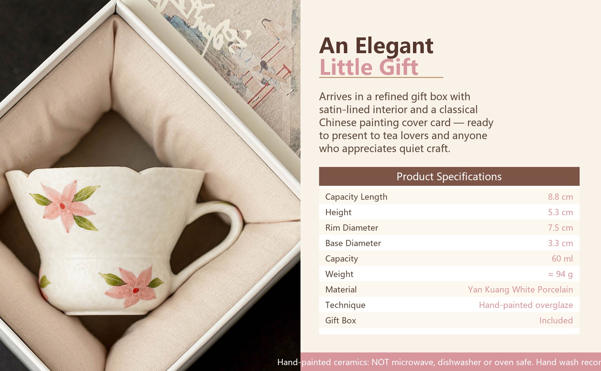Gift packaging of Mineral-White Hand-Painted Cherry Blossom Gourd-Mouth Handle Cup 60ml Ceramic